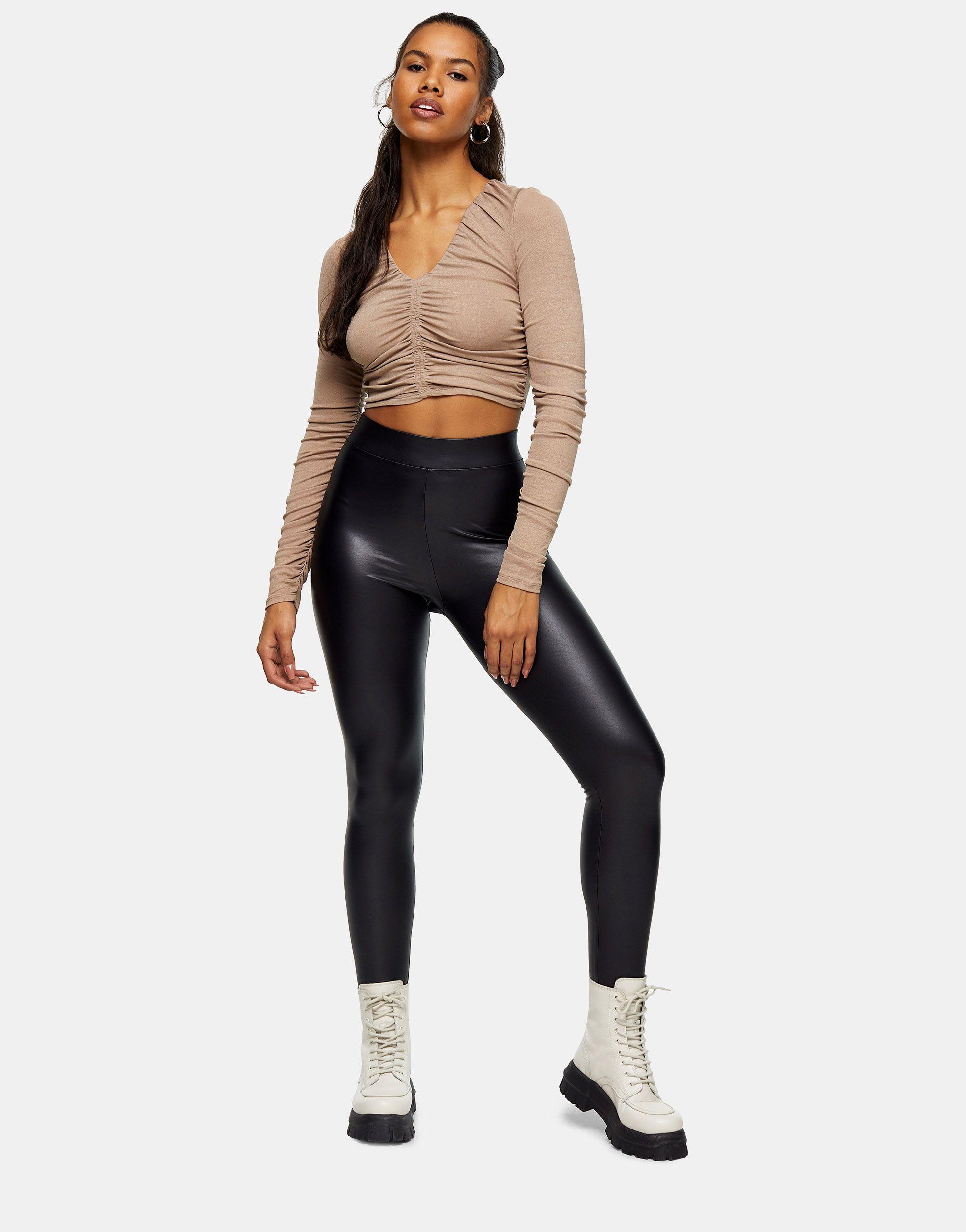 TOPSHOP Coated Faux Leather Leggings in Black