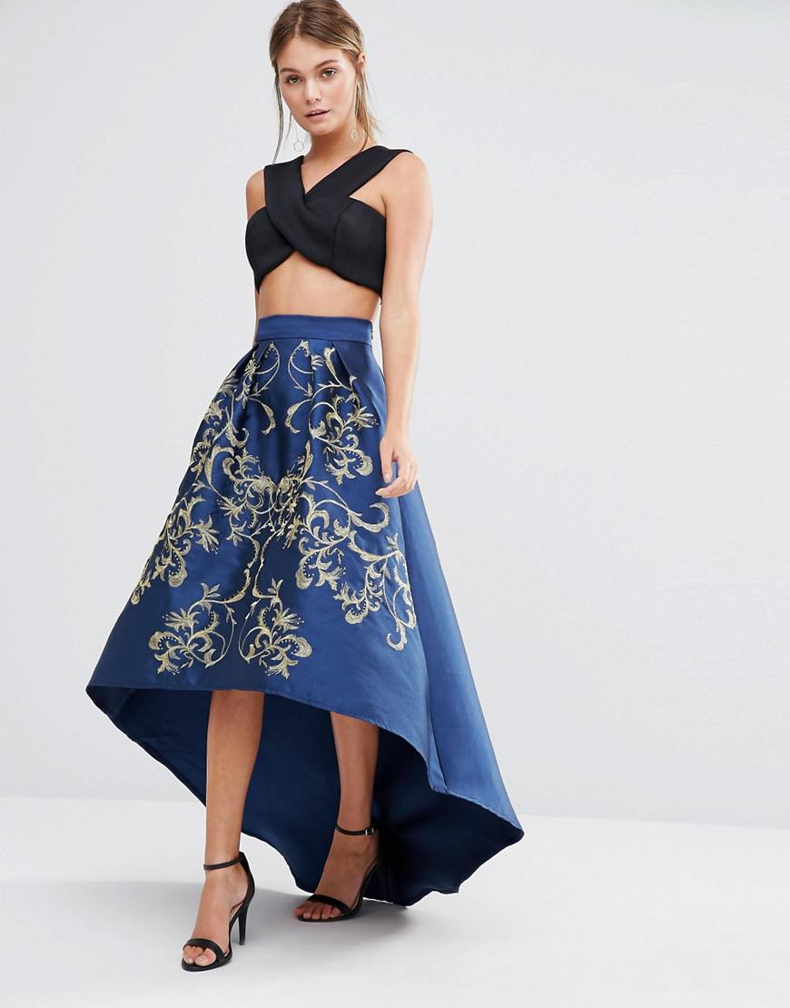 Midi Skirt With Gold Embroidery in Navy 