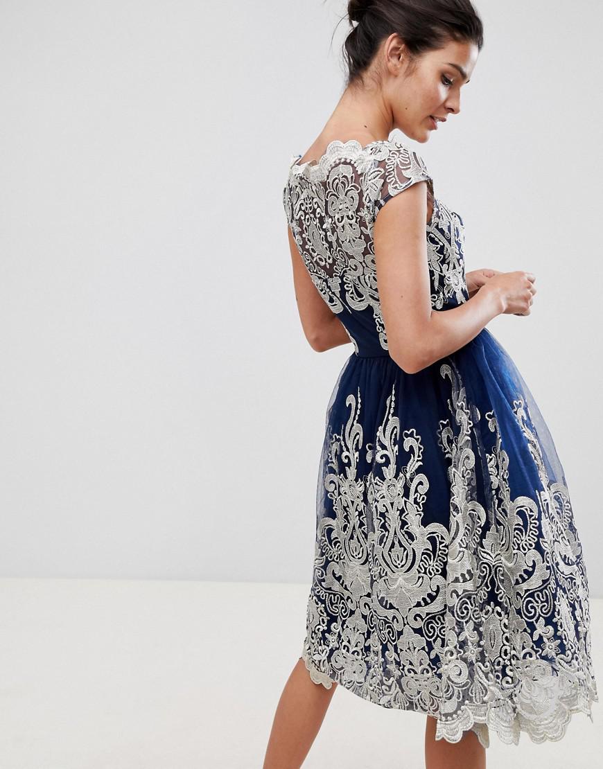 Chi Chi London Premium Metallic Lace Midi Prom Dress With Bardot Neck in  Navy (Blue) | Lyst