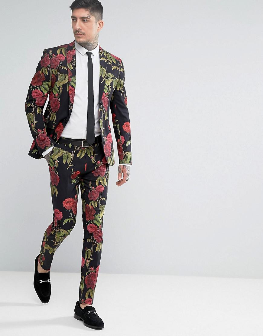 ASOS Cotton Super Skinny Suit Jacket With Red Rose Print in Black for ...