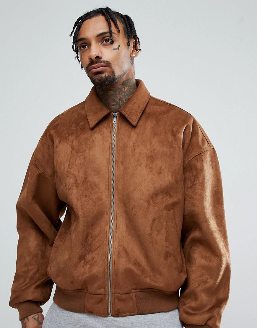 ASOS Design Oversized Faux Suede Harrington Jacket In Tan in Brown for Men  | Lyst