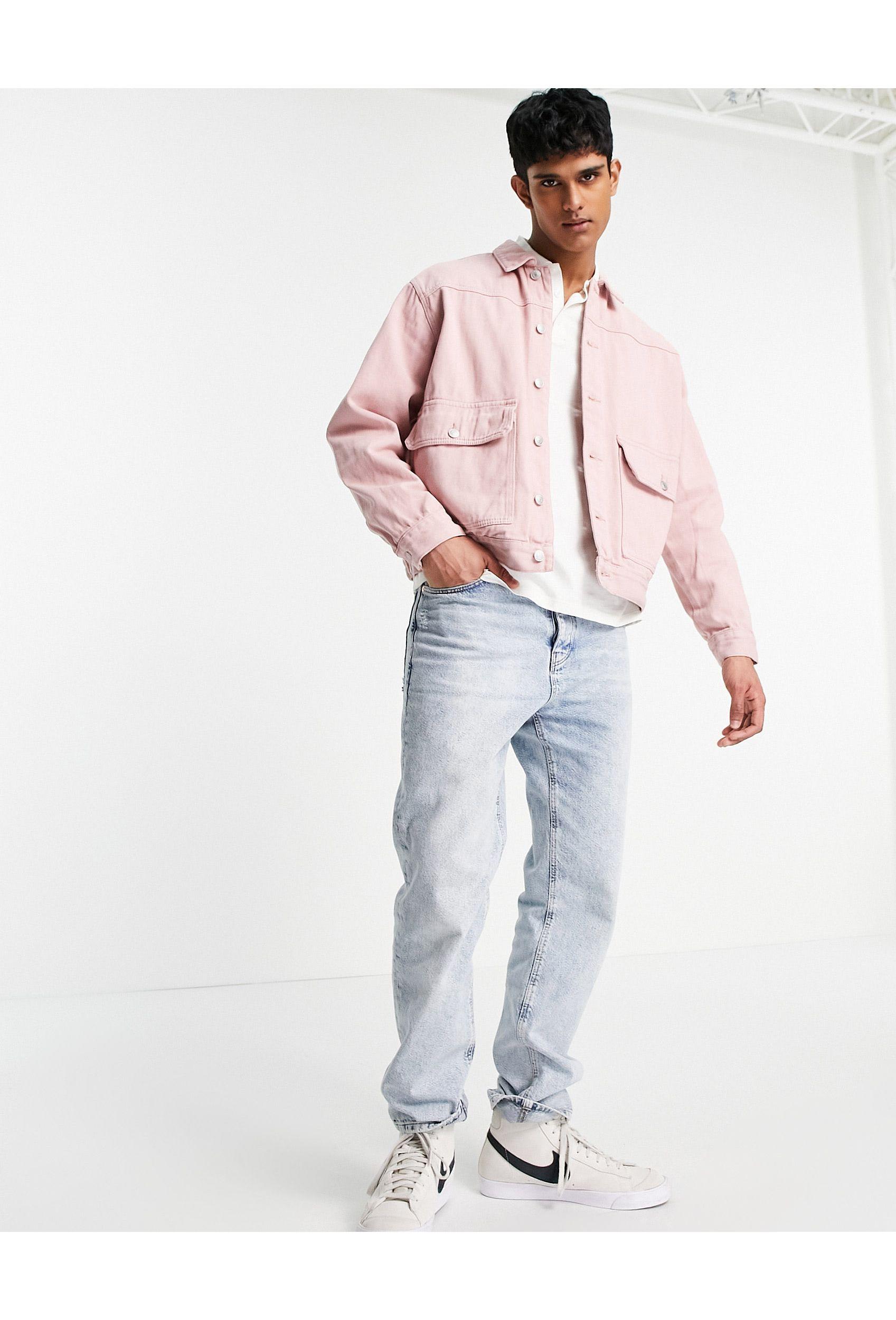 TOPMAN Denim Jacket With Pockets in Pink for Men | Lyst
