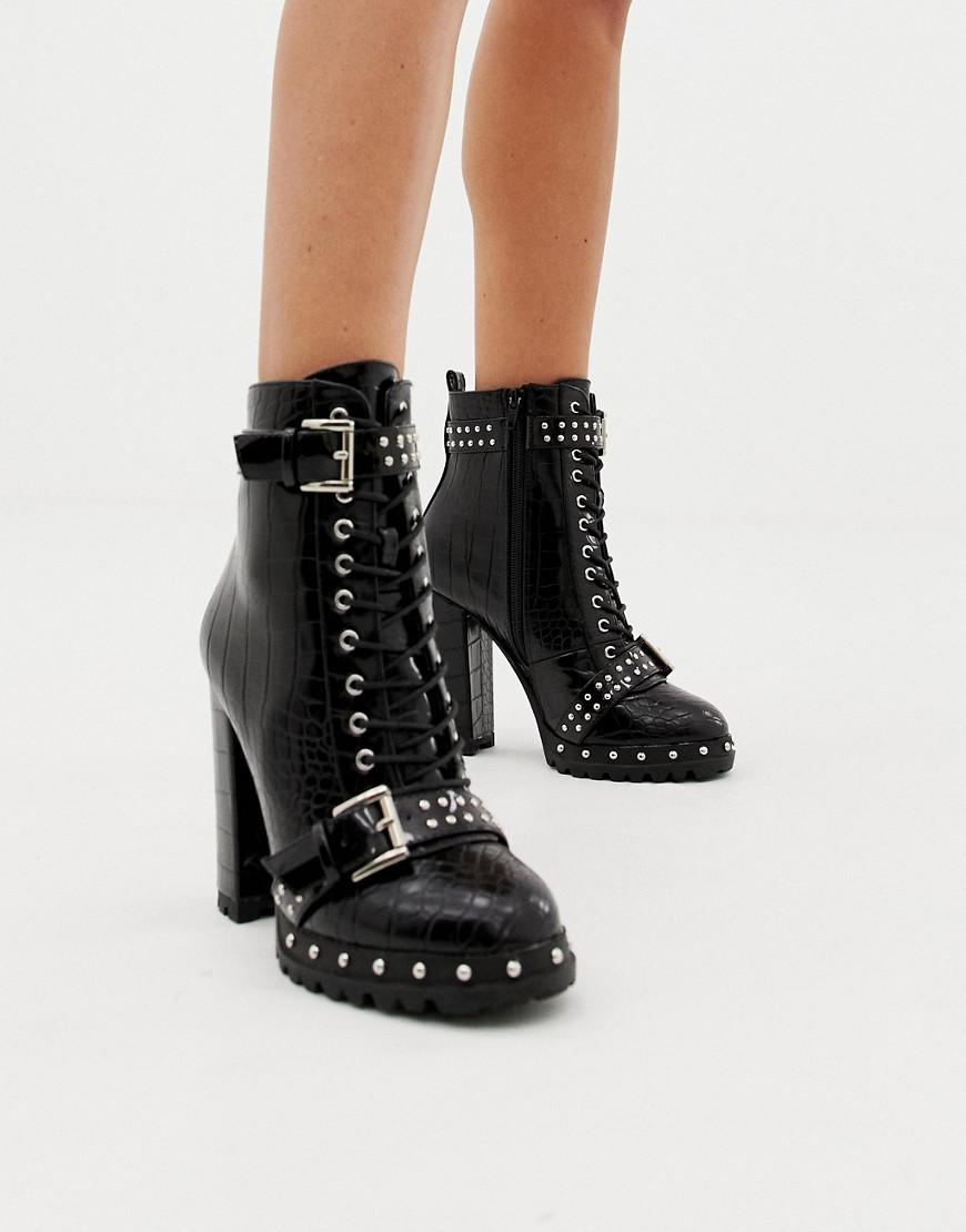 Leather Lace Up Heeled Croc Boots 