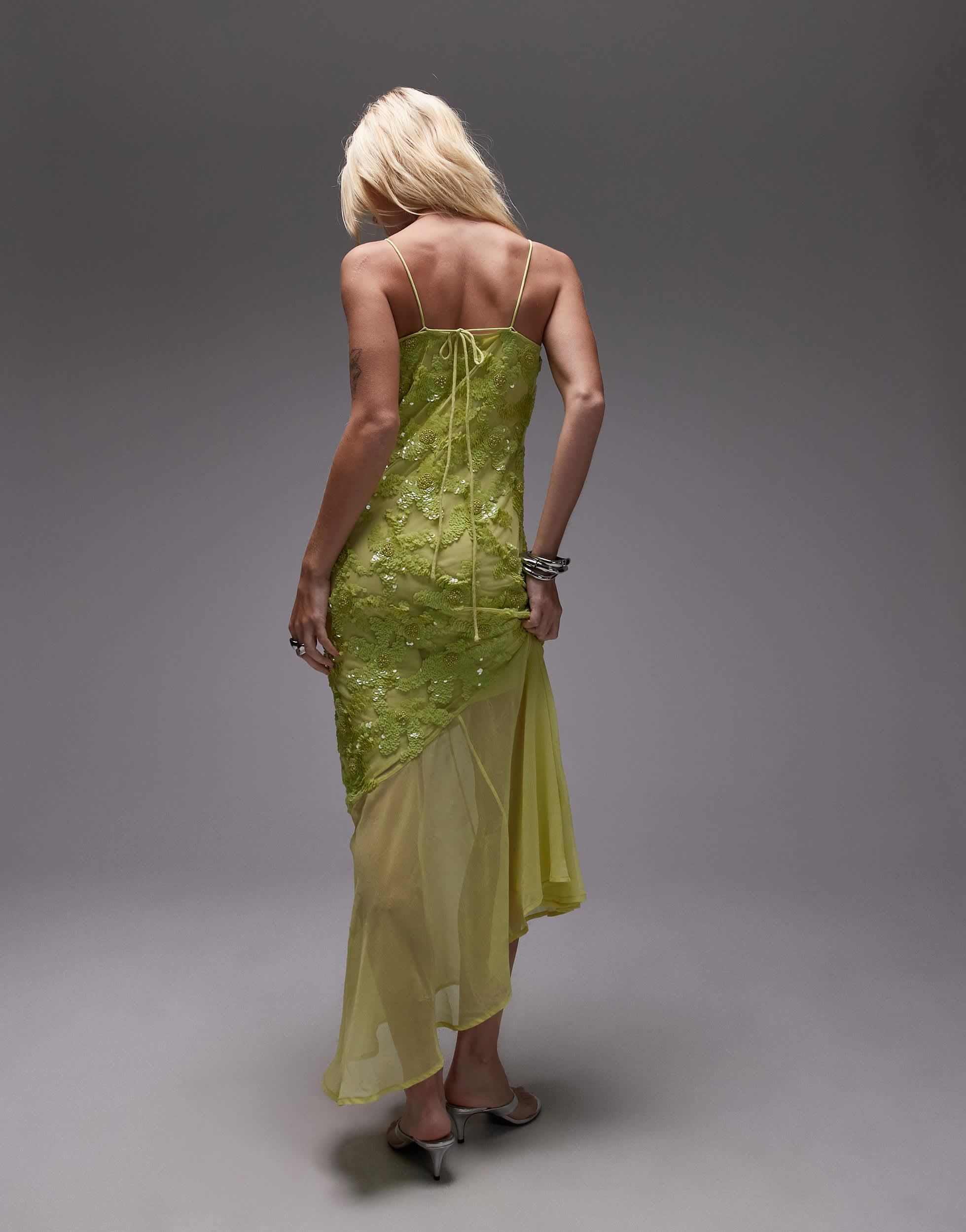 TOPSHOP Embellished Godet Hem Cami Dress in Green | Lyst