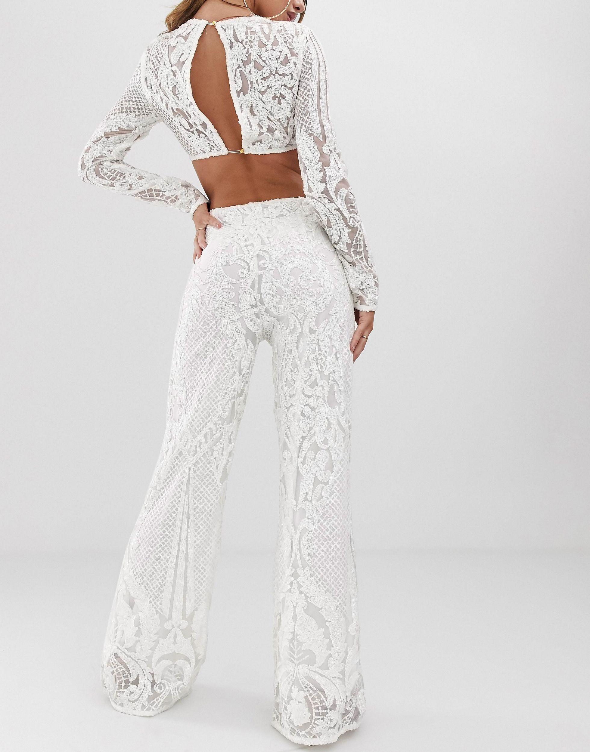 Club L London Allover Baroque Sequin Flare Pant in White | Lyst UK