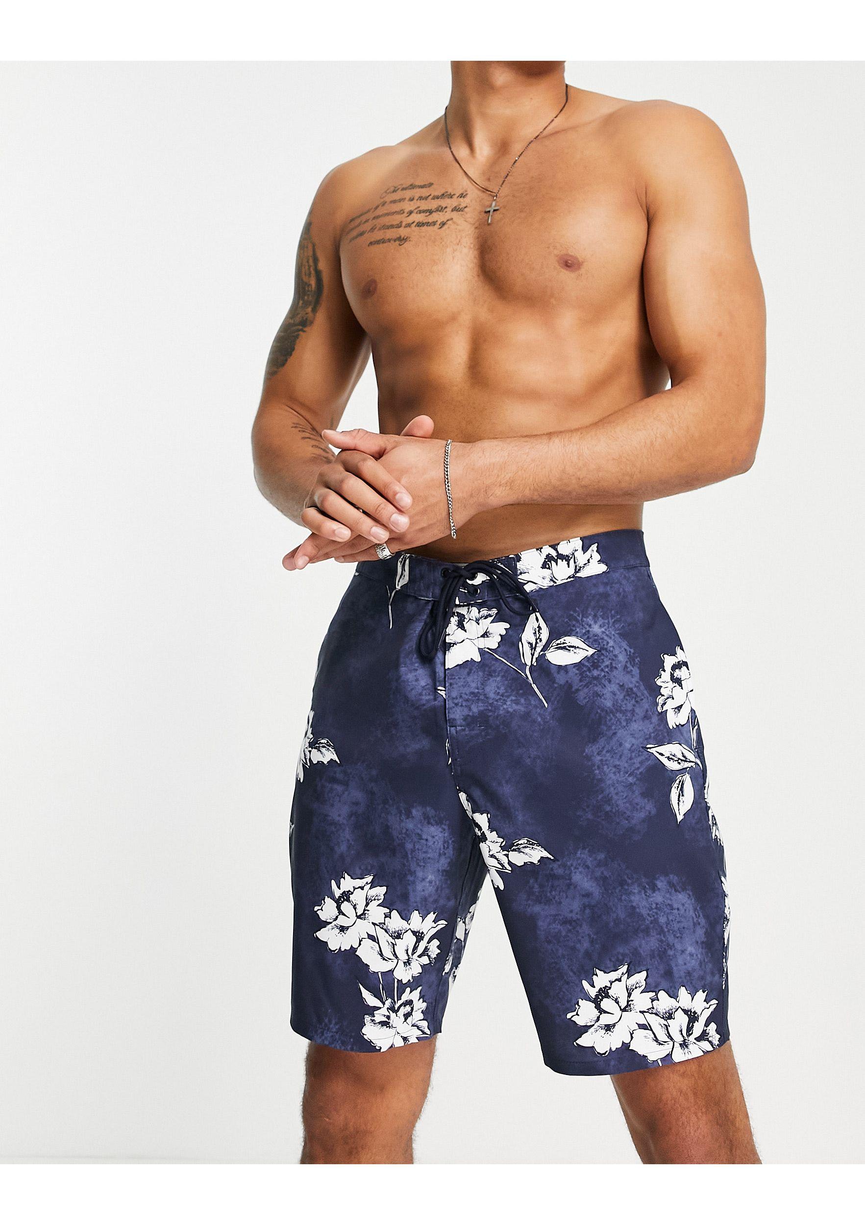 Floral Print Board Shorts in Navy 