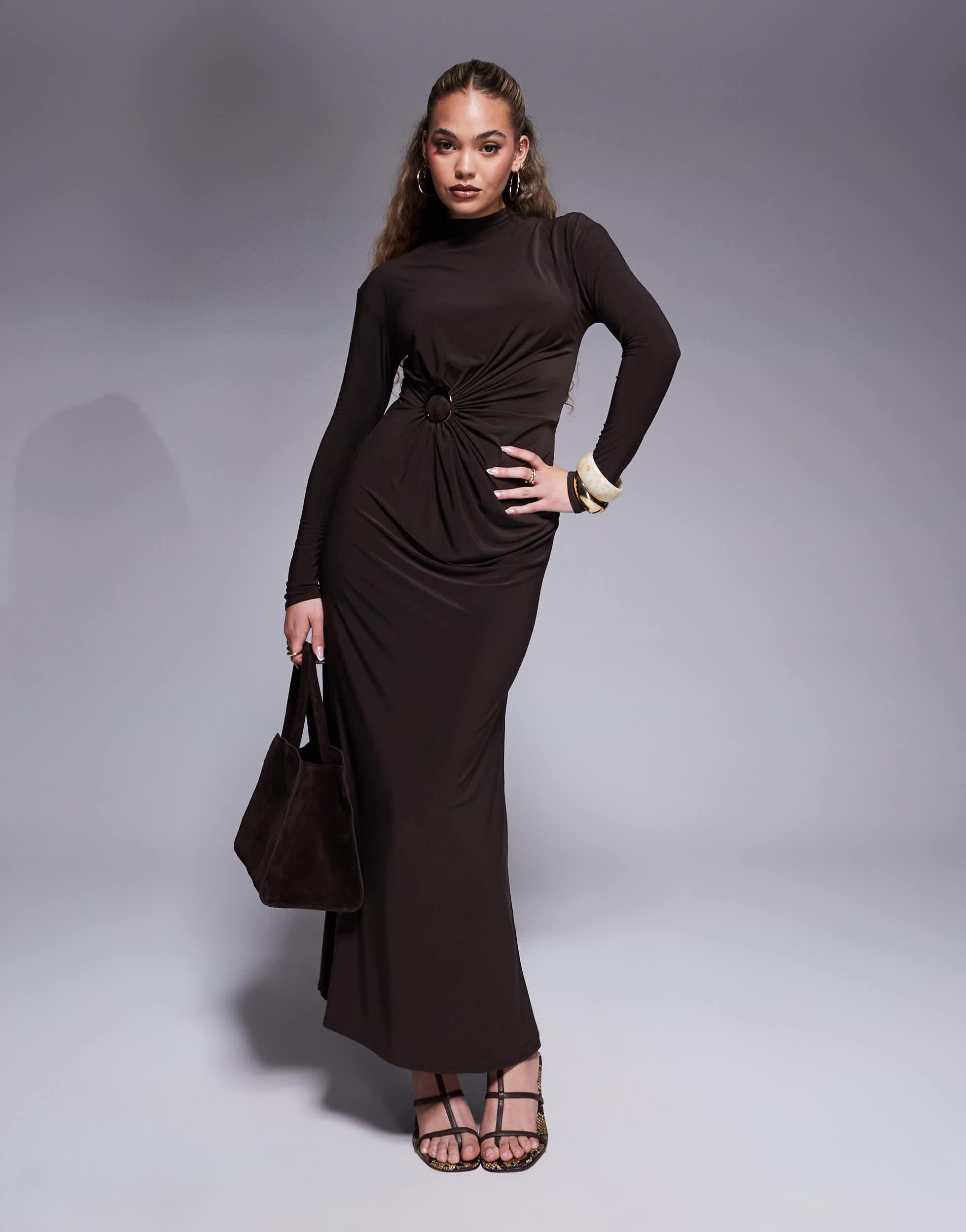 asos long sleeve evening dresses ASOS Modest Long Sleeve High Neck Drape Maxi Dress With Hardware Trim in  Brown