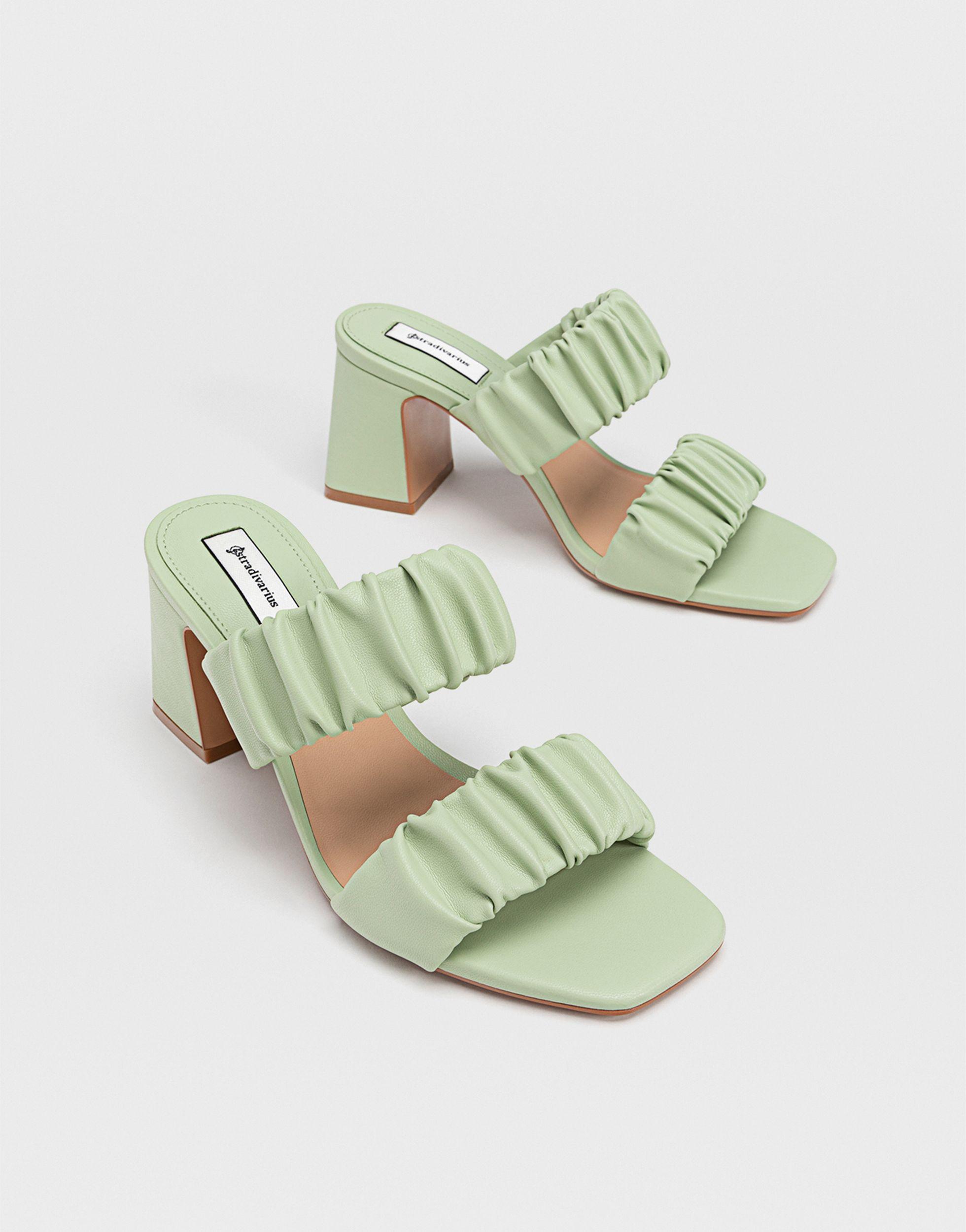 Stradivarius Ruched Strap Heeled Mule in Green | Lyst UK
