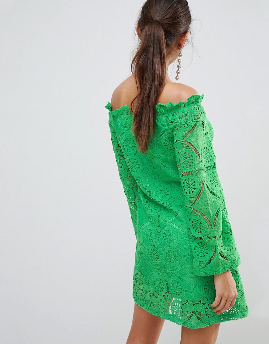 PrettyLittleThing Lace Bell Sleeve Bardot Dress in Green | Lyst