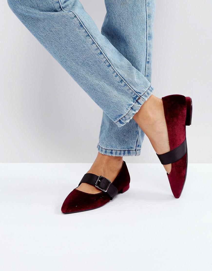 Bershka Velvet Buckle Flat Shoe in Red Lyst