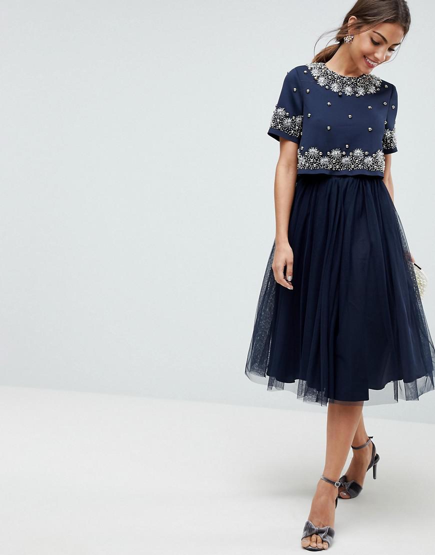 ASOS Embellished Crop Top Tulle Midi Dress in Blue | Lyst
