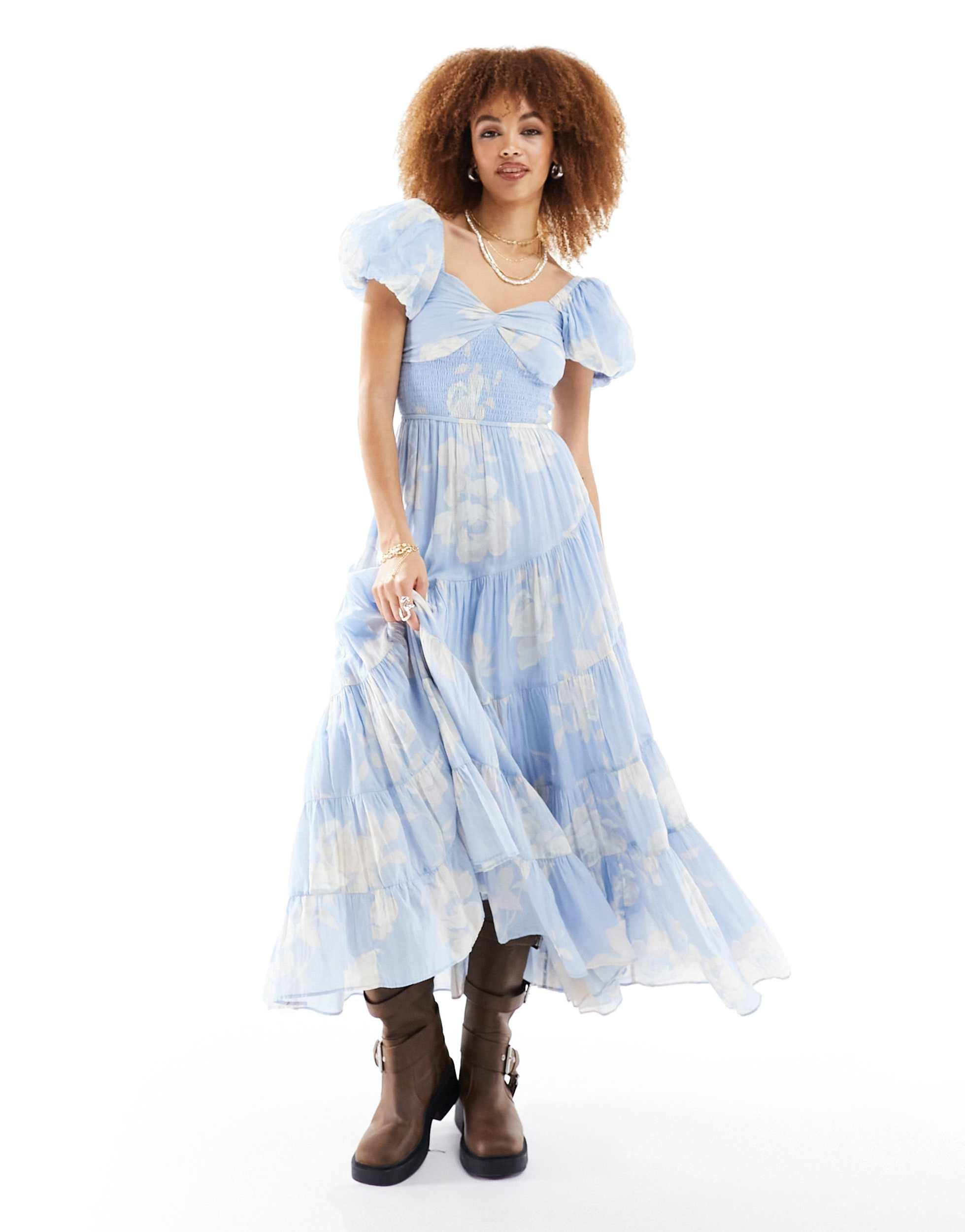 Free People Textured Floral Puff Sleeve Midaxi Dress in Blue | Lyst