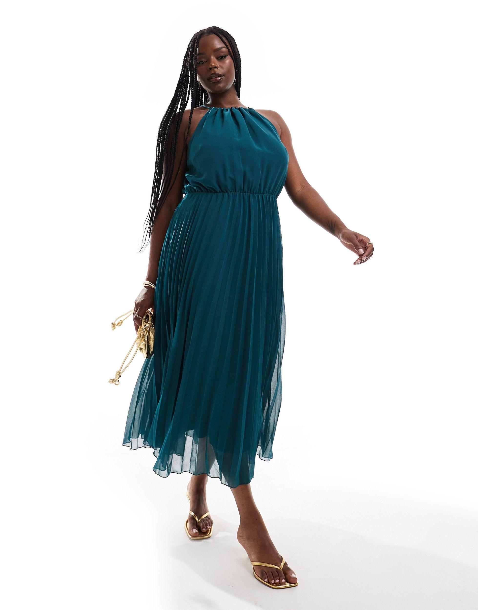 Asos design curve robe mi longue plissee en mousseline a encolure licou vert bouteille ASOS en coloris Bleu Lyst