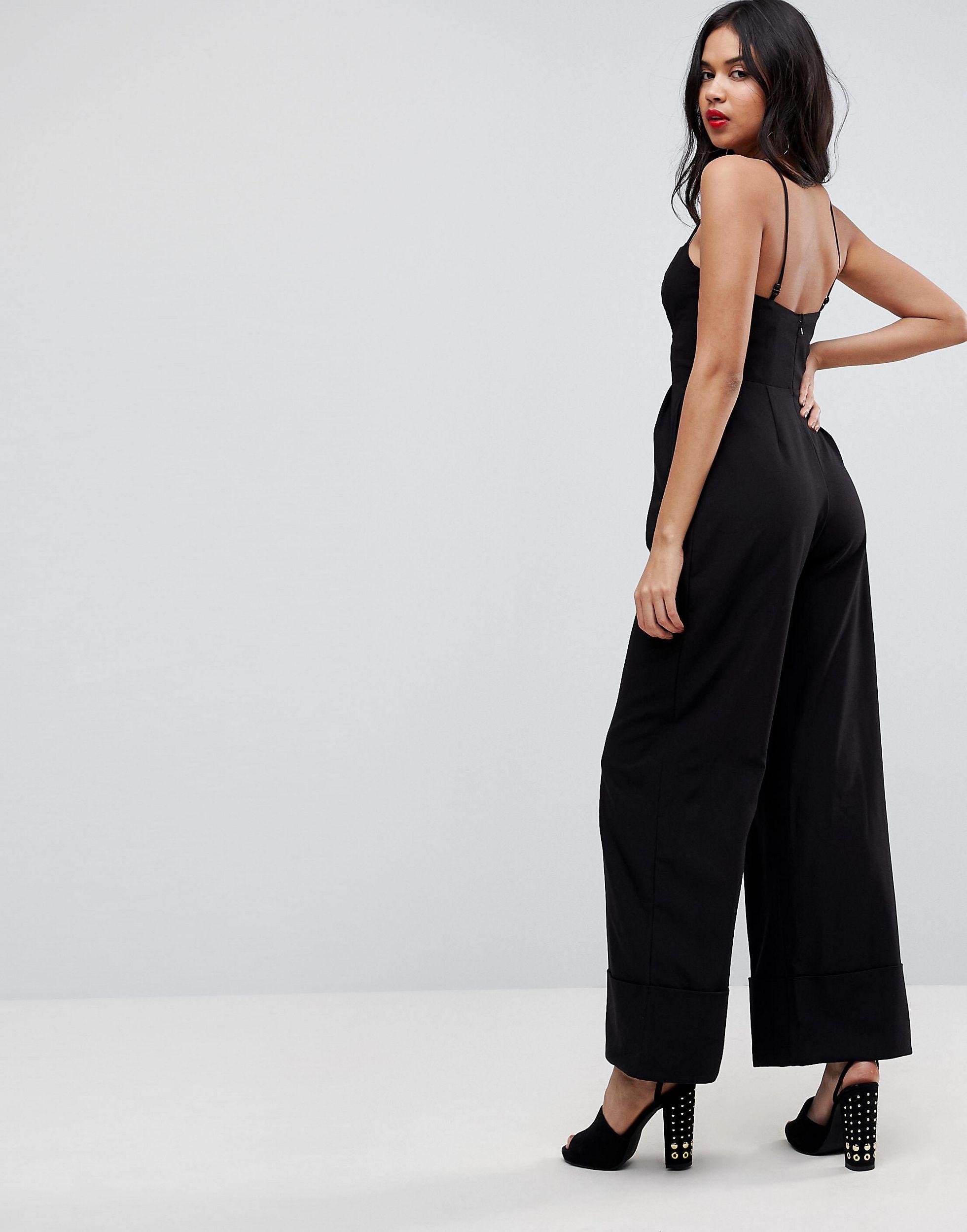 ASOS Denim Tailored Jumpsuit With Cut Out And Wide Leg in Black - Lyst