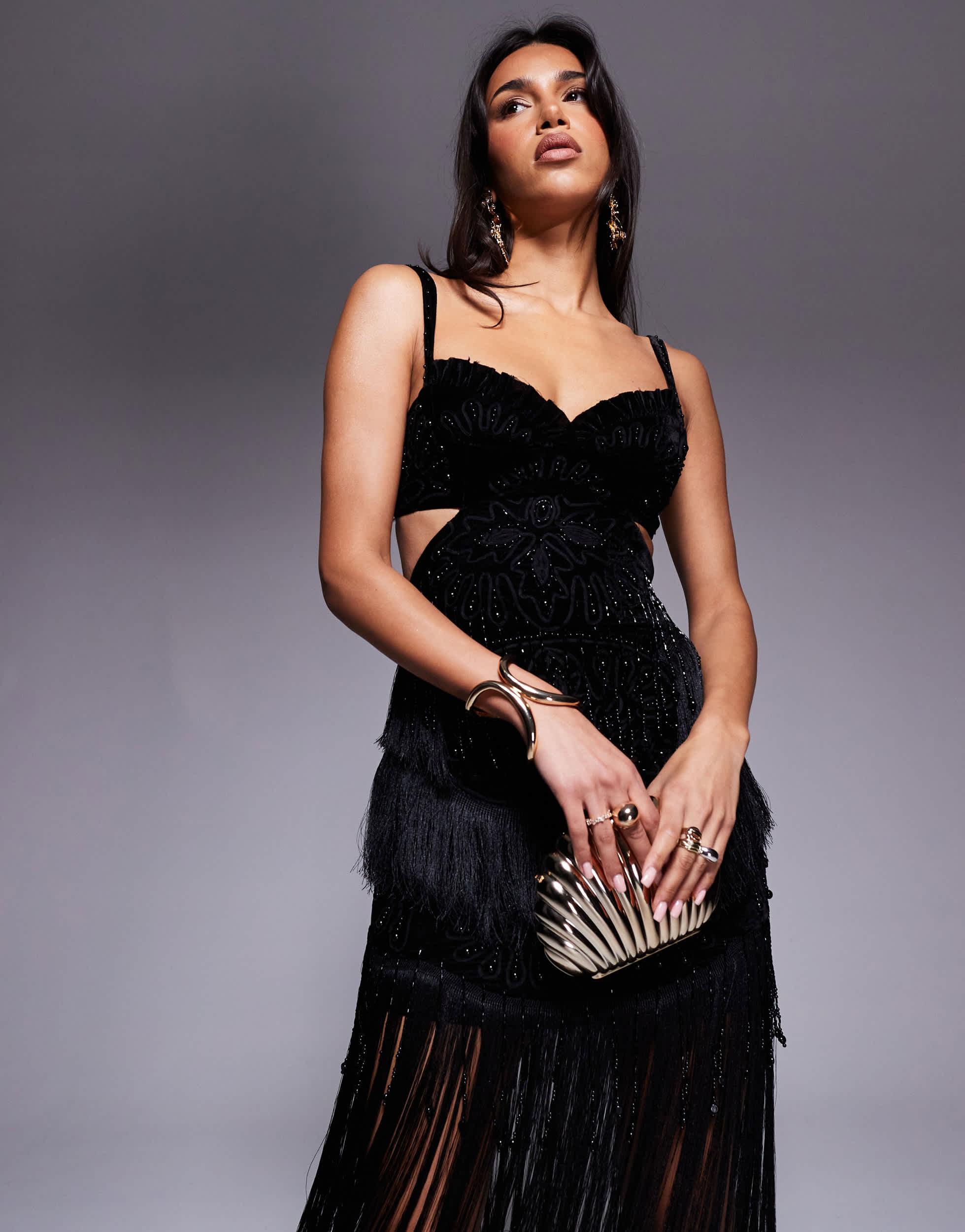 ASOS Embellished Velvet Fringe Midi Dress in Black Lyst Australia