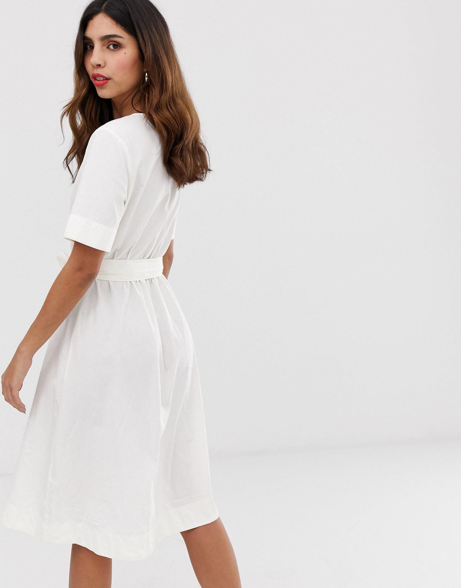 Vero Moda Button Through Tie Waist Midi Shirt Dress in White | Lyst
