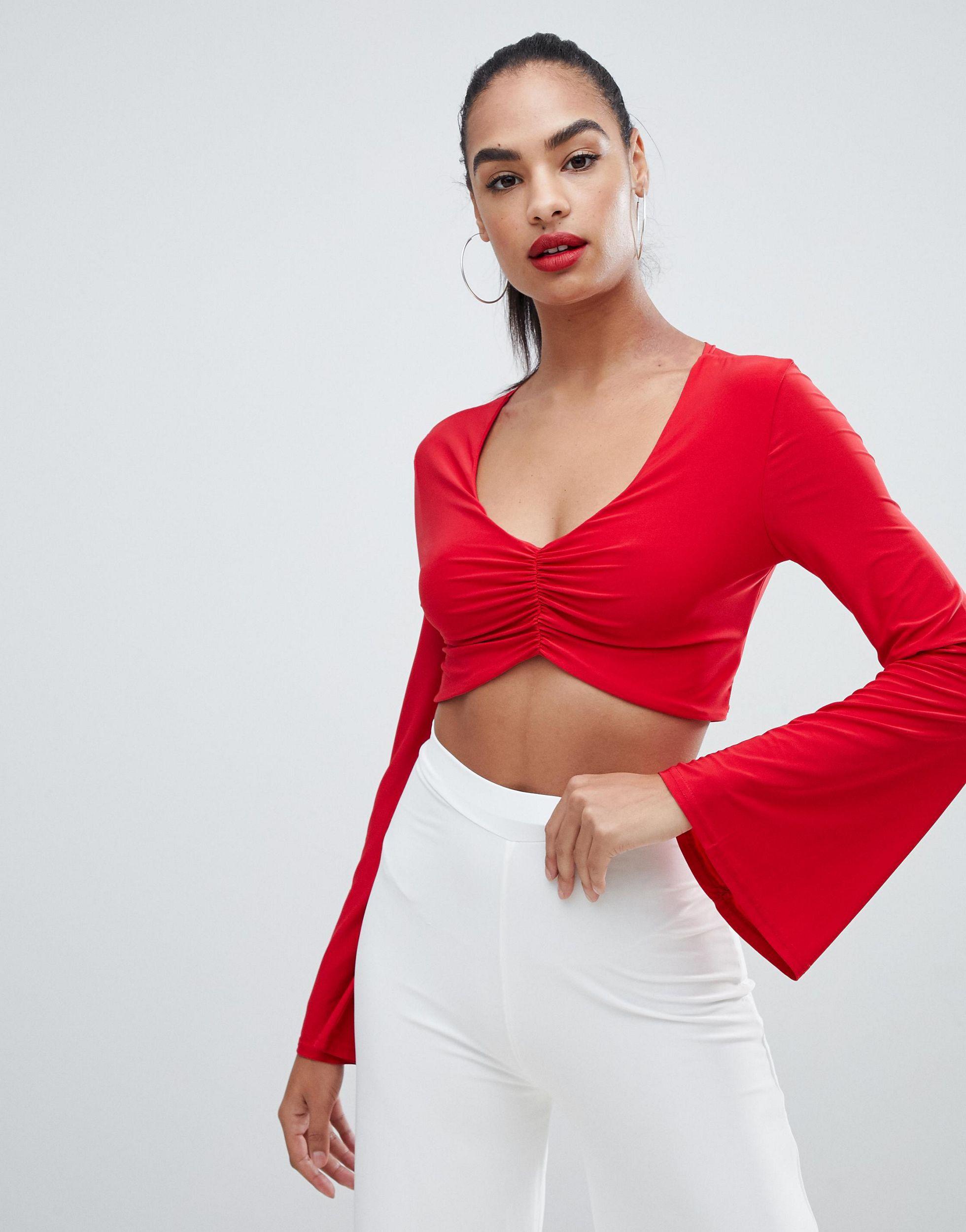 PrettyLittleThing Slinky V Neck Ruched Flare Sleeve Crop Top In Red