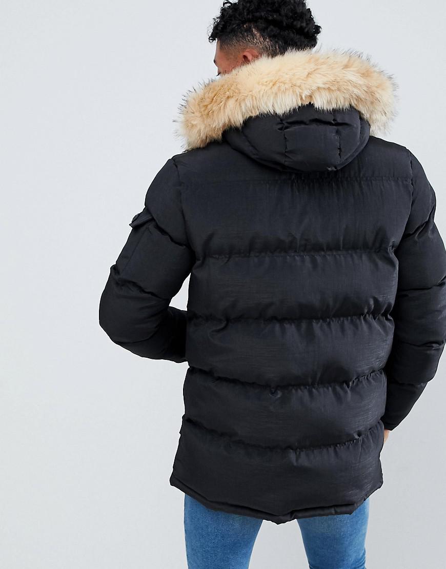 siksilk parka jacket with faux fur hood in black