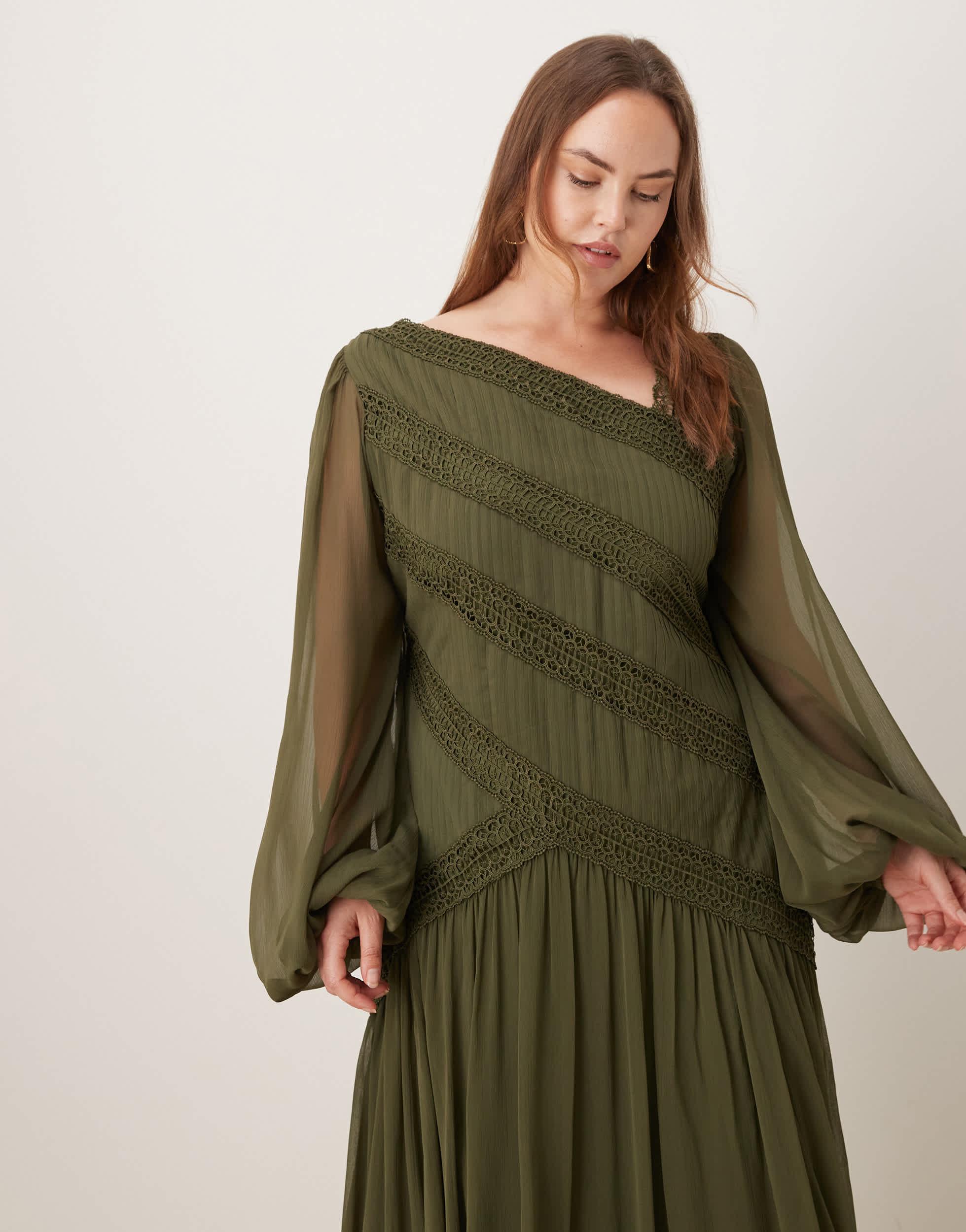 long sleeve green dress asos ASOS DESIGN long sleeve frill hem chiffon maxi dress in dark green