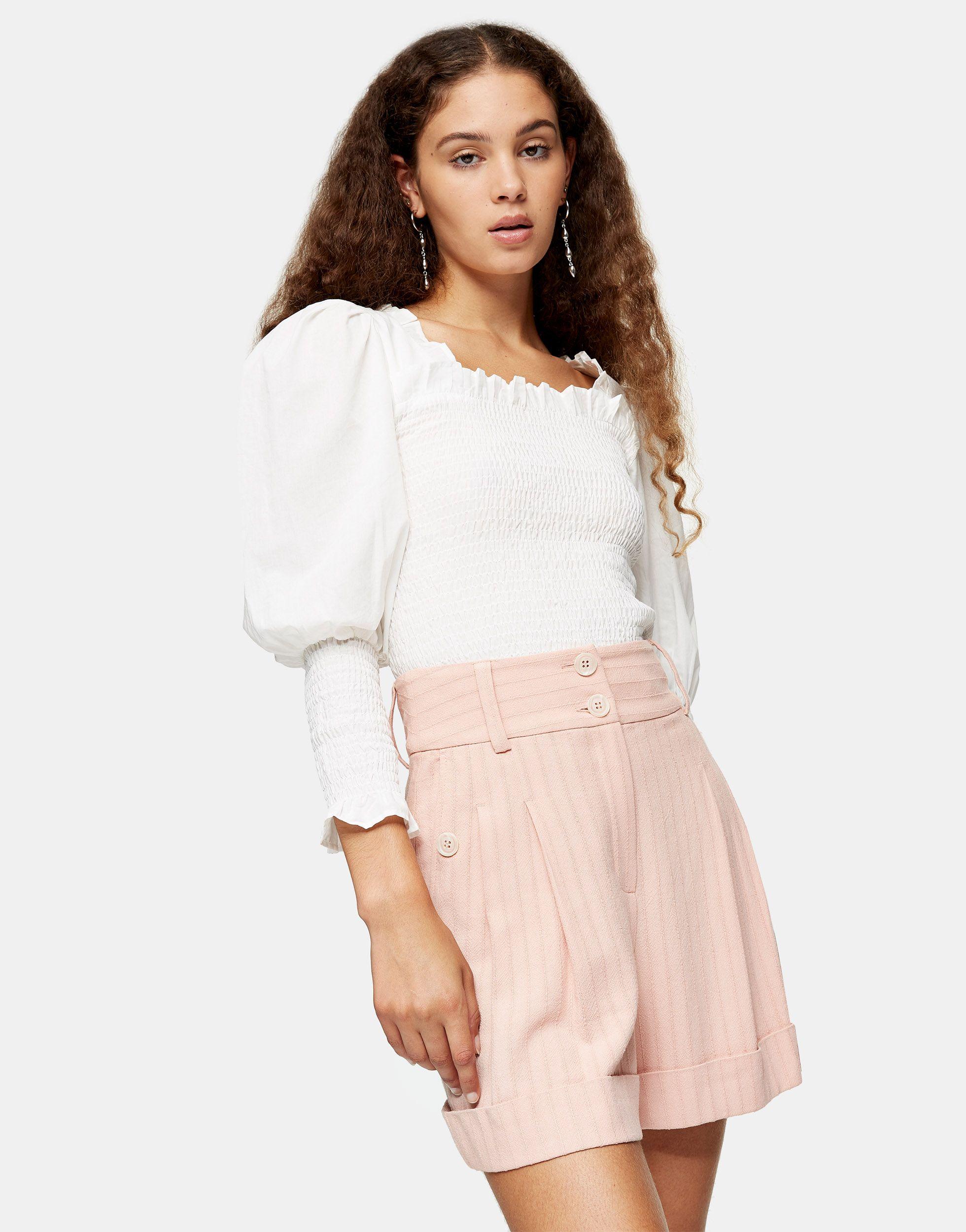 TOPSHOP Linen Stripe Shorts in Blush 