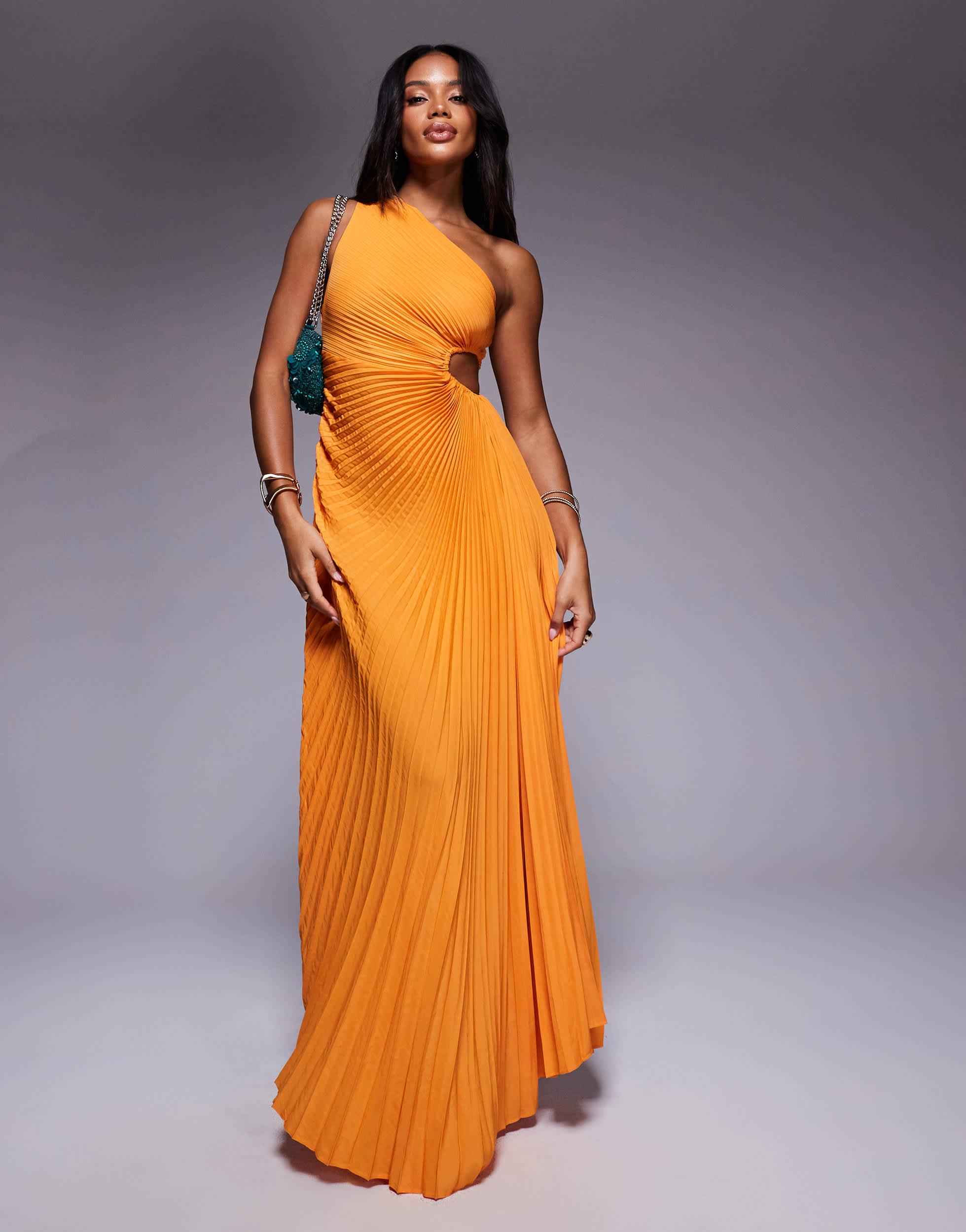 Aria Cove Pleated One Shoulder Cut Out Maxi Dress in Orange | Lyst