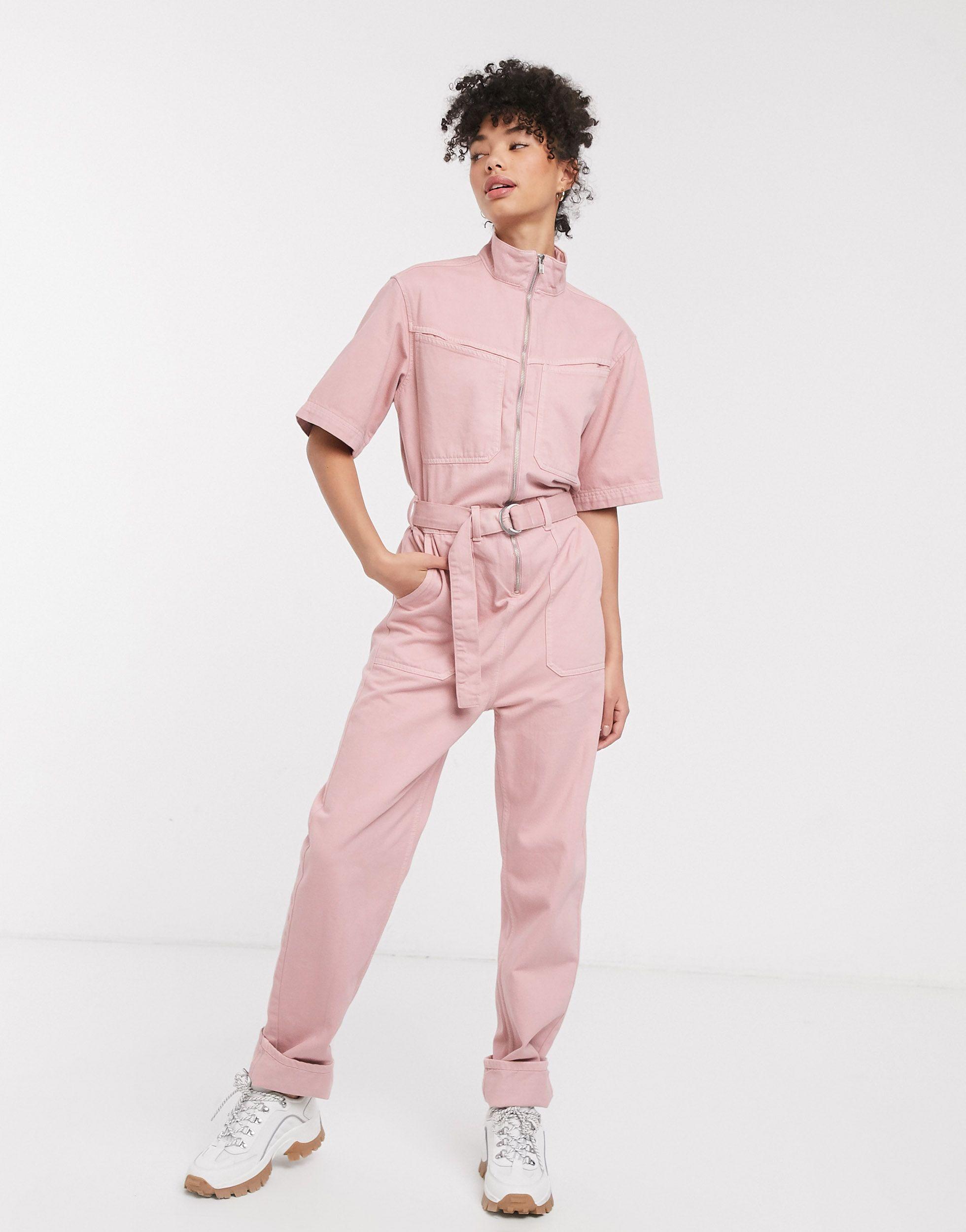 Tuta di jeans a maniche corte rosa 