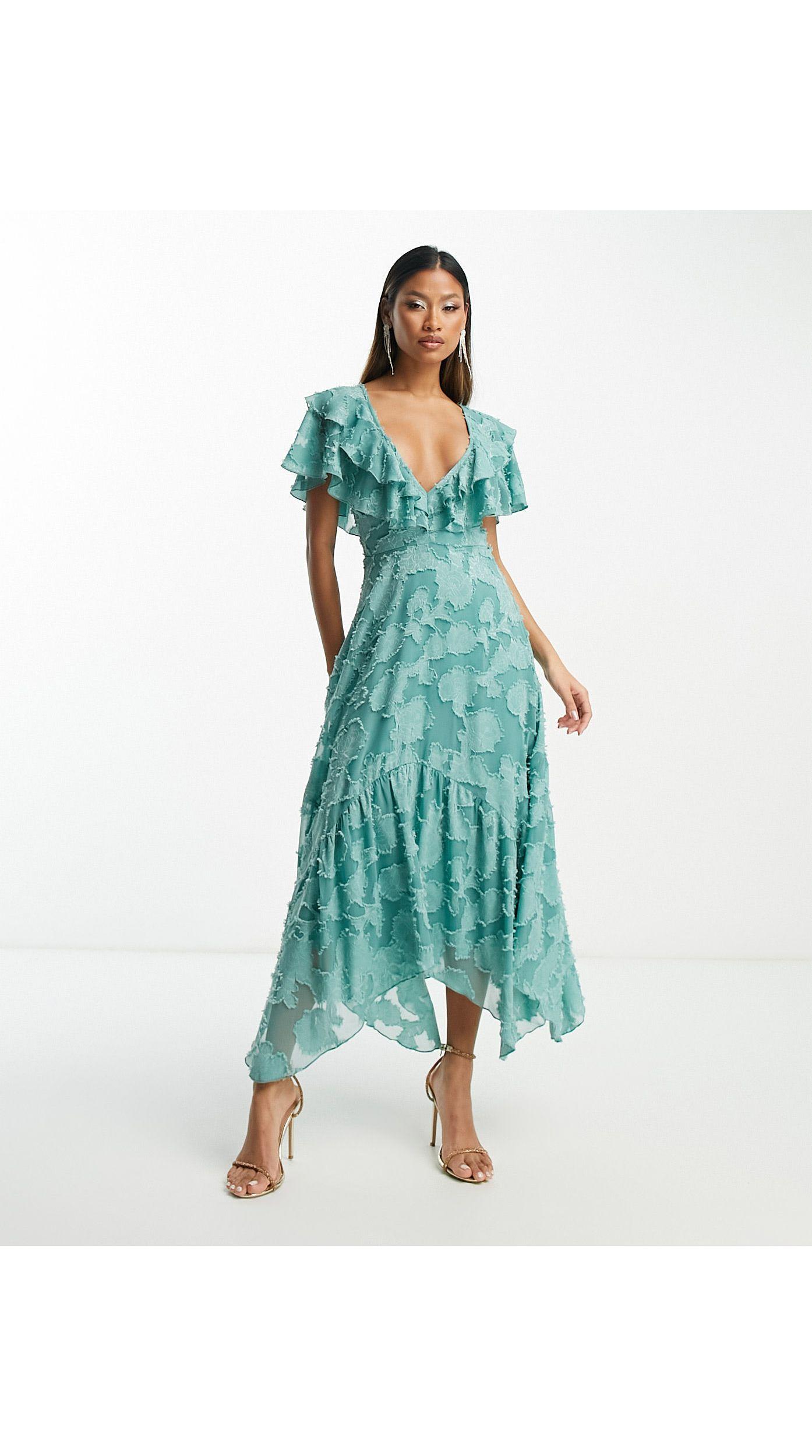 ASOS V-front V-back Ruffle Midi Dress With Flutter Sleeves And Tie Back ...
