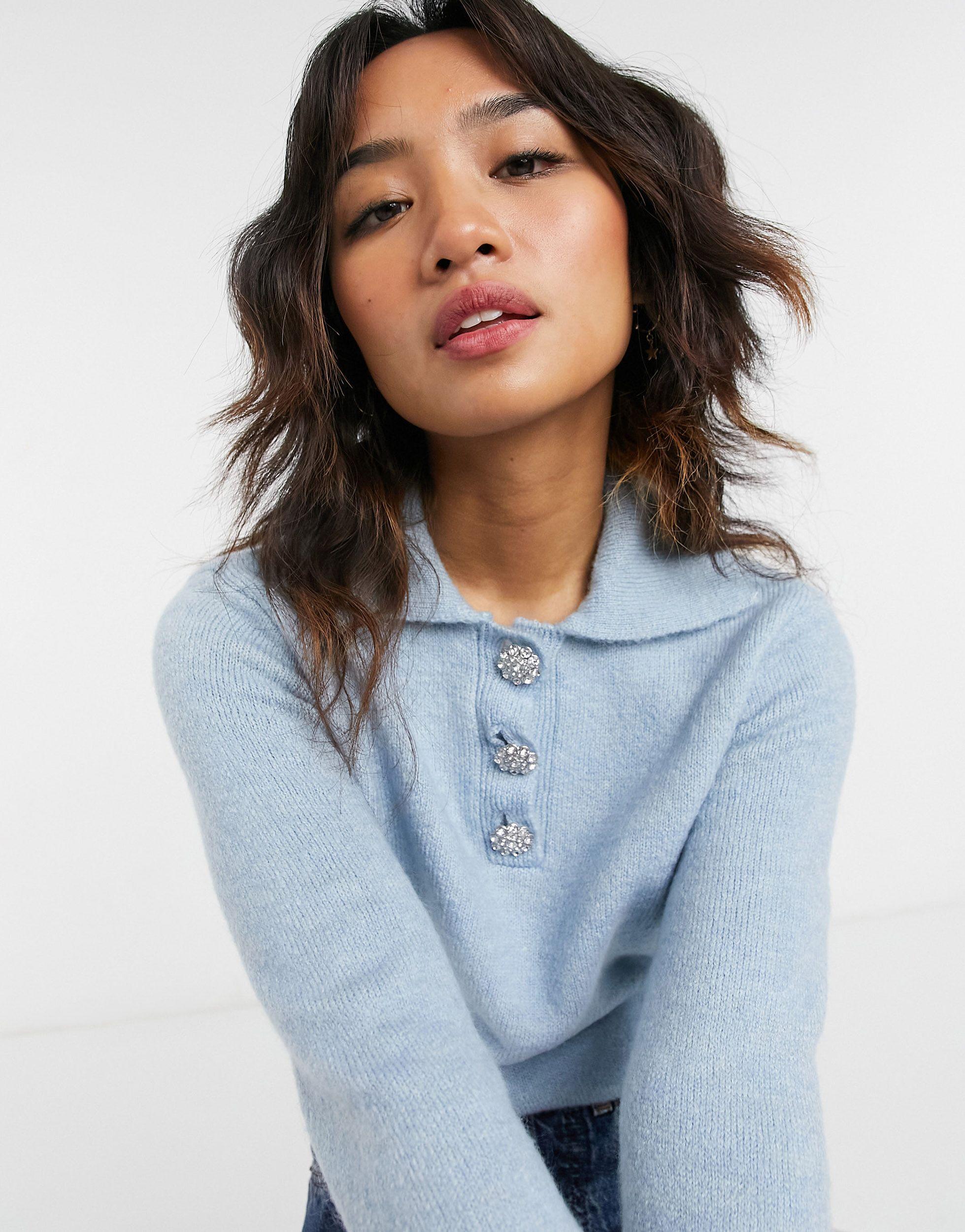 Vero Moda Polo Knit Jumper With Crystal Buttons in Blue - Lyst