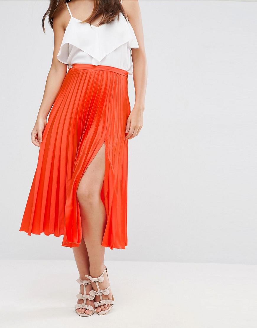 ASOS Satin Pleated Midi Skirt With Thigh Split in Orange - Lyst