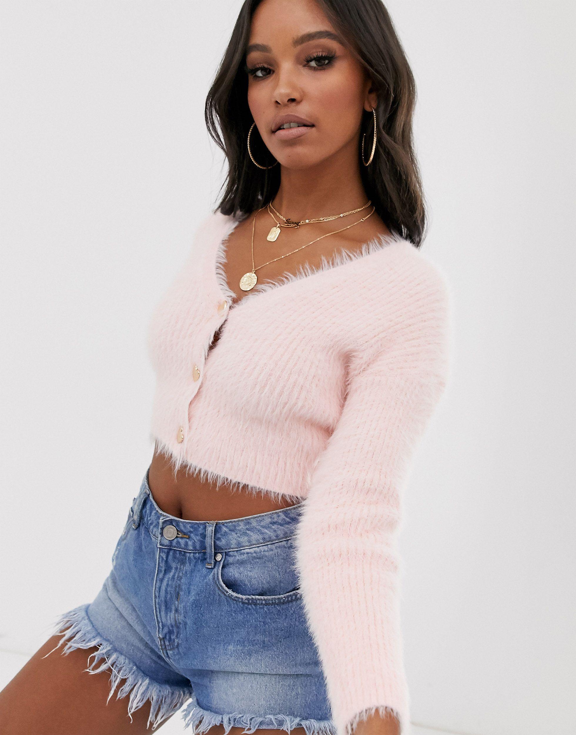 ASOS Synthetic Fluffy Cropped Cardigan in Pink - Lyst