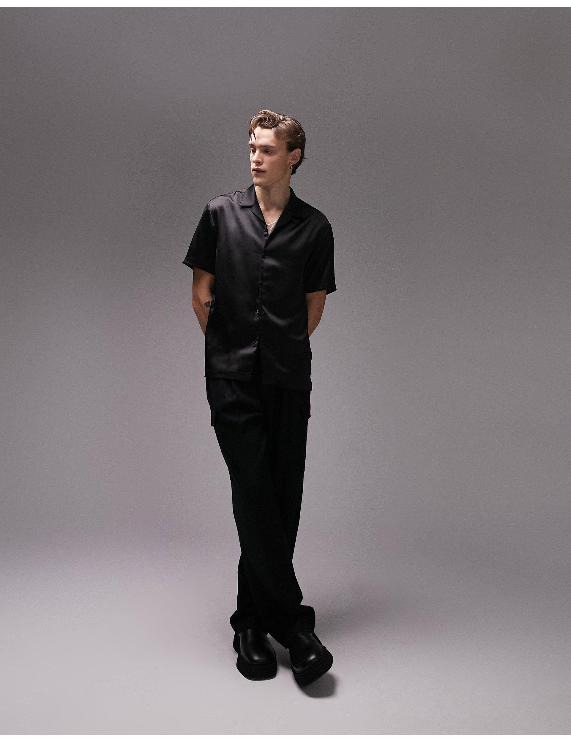 TOPMAN Short Sleeve Premium Satin Shirt in Black for Men | Lyst