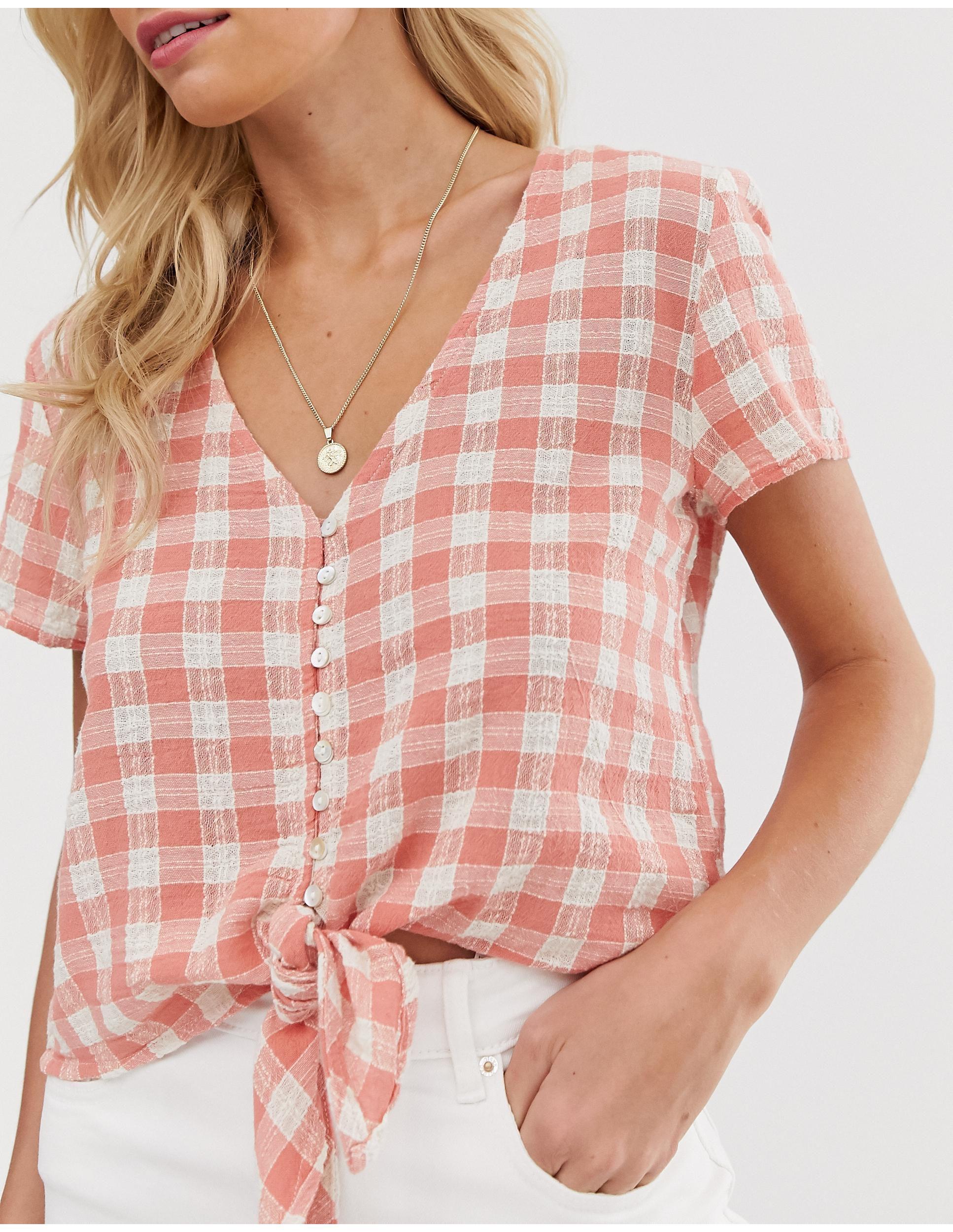 Stradivarius Denim Tie Front Gingham 