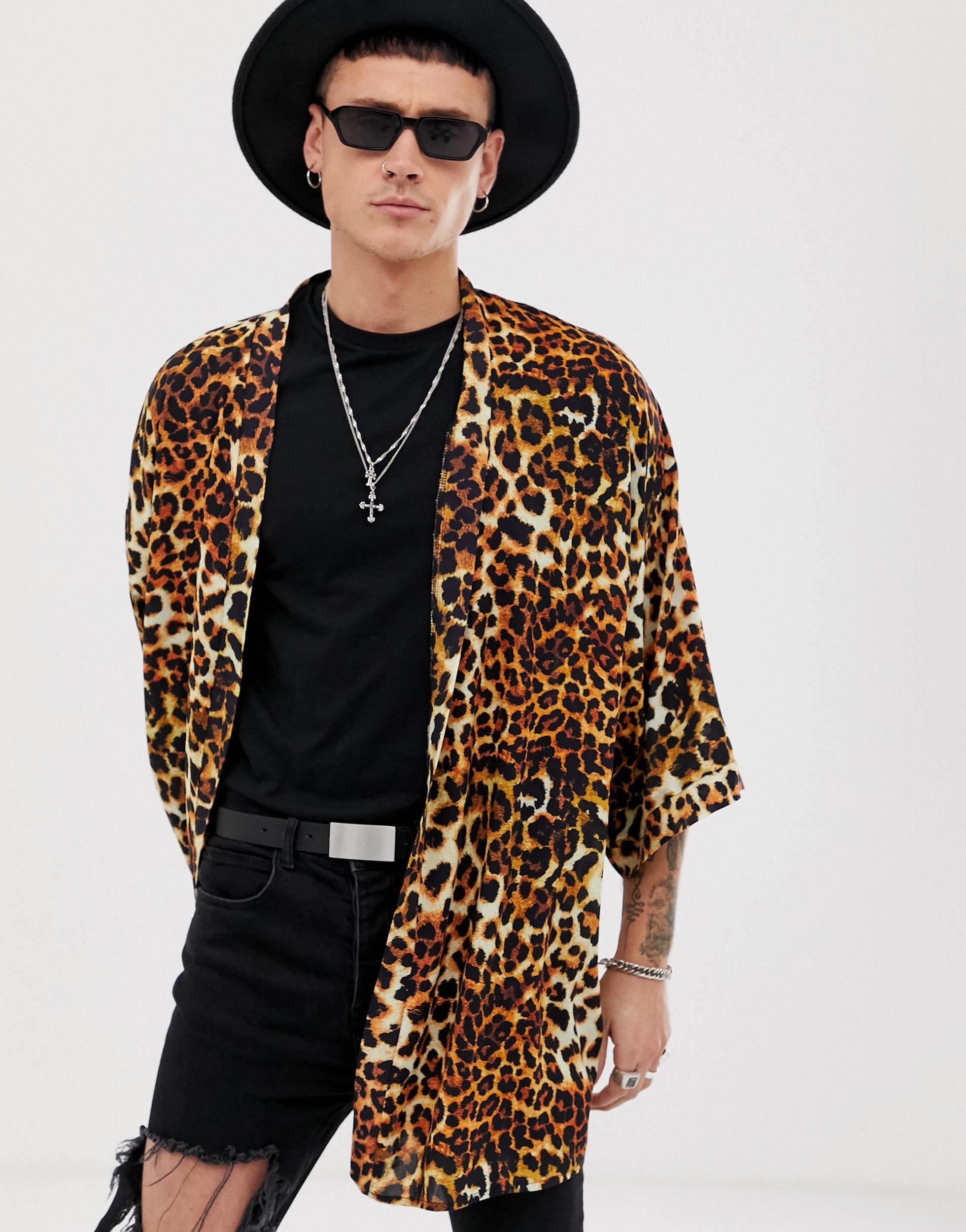 ASOS Synthetic Leopard Print Kimono in Brown for Men - Lyst