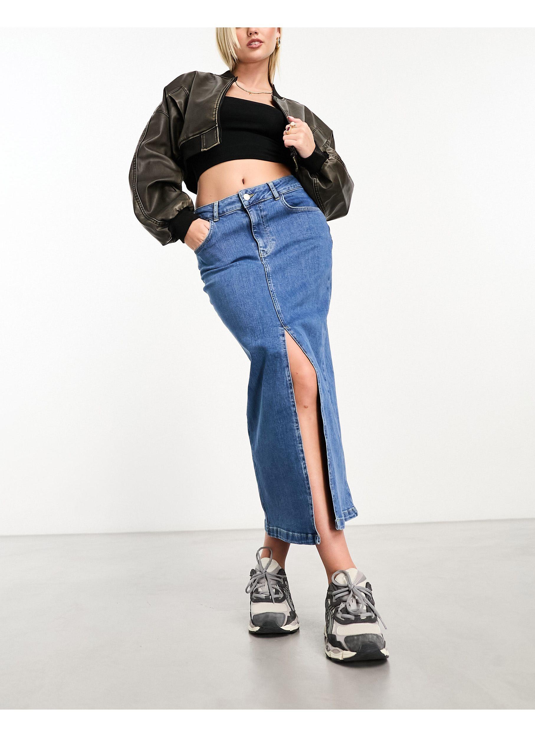Exclusivité - jupe en jean mi-longue fendue sur le devant - moyen délavé In  The Style en coloris Blanc | Lyst