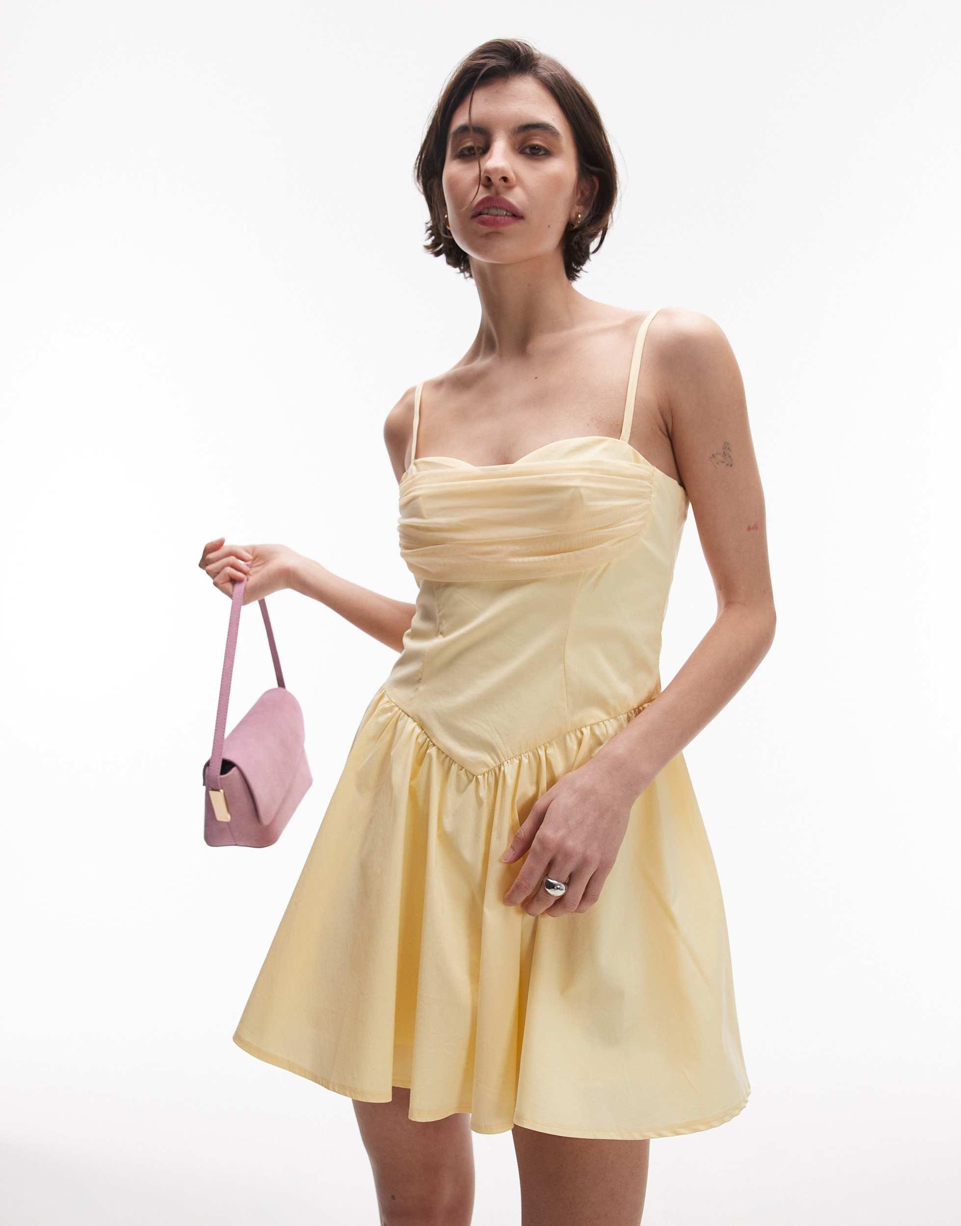 SNDY'S Strappy Poplin Drape Mesh Bust Sweetheart Neck Mini Dress in Natural  | Lyst