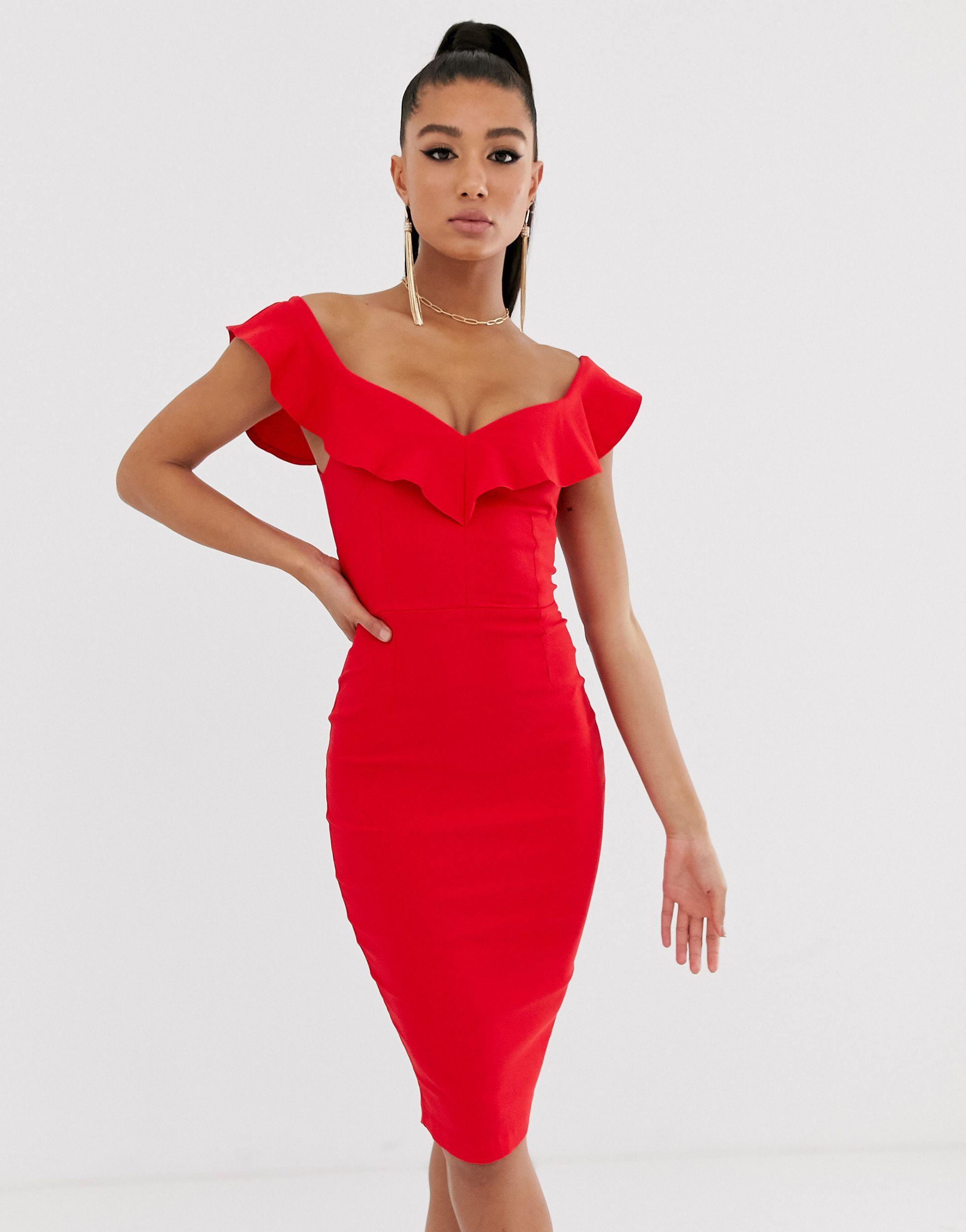 Vesper Bodycon Dress With Sweetheart Neckline With Frill in Red | Lyst