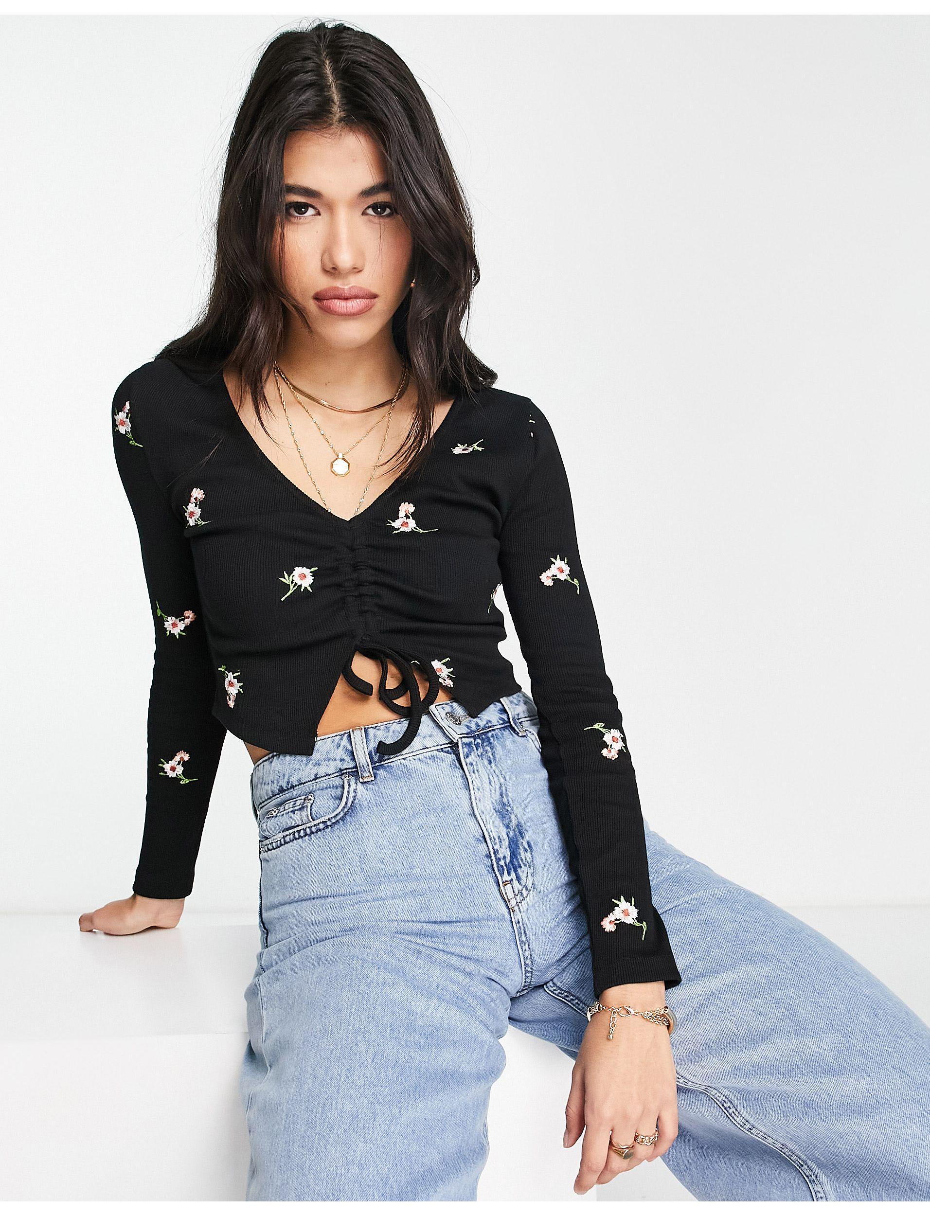 Top arricciato con scollo a v con ricamo a fiori di ASOS in Bianco | Lyst