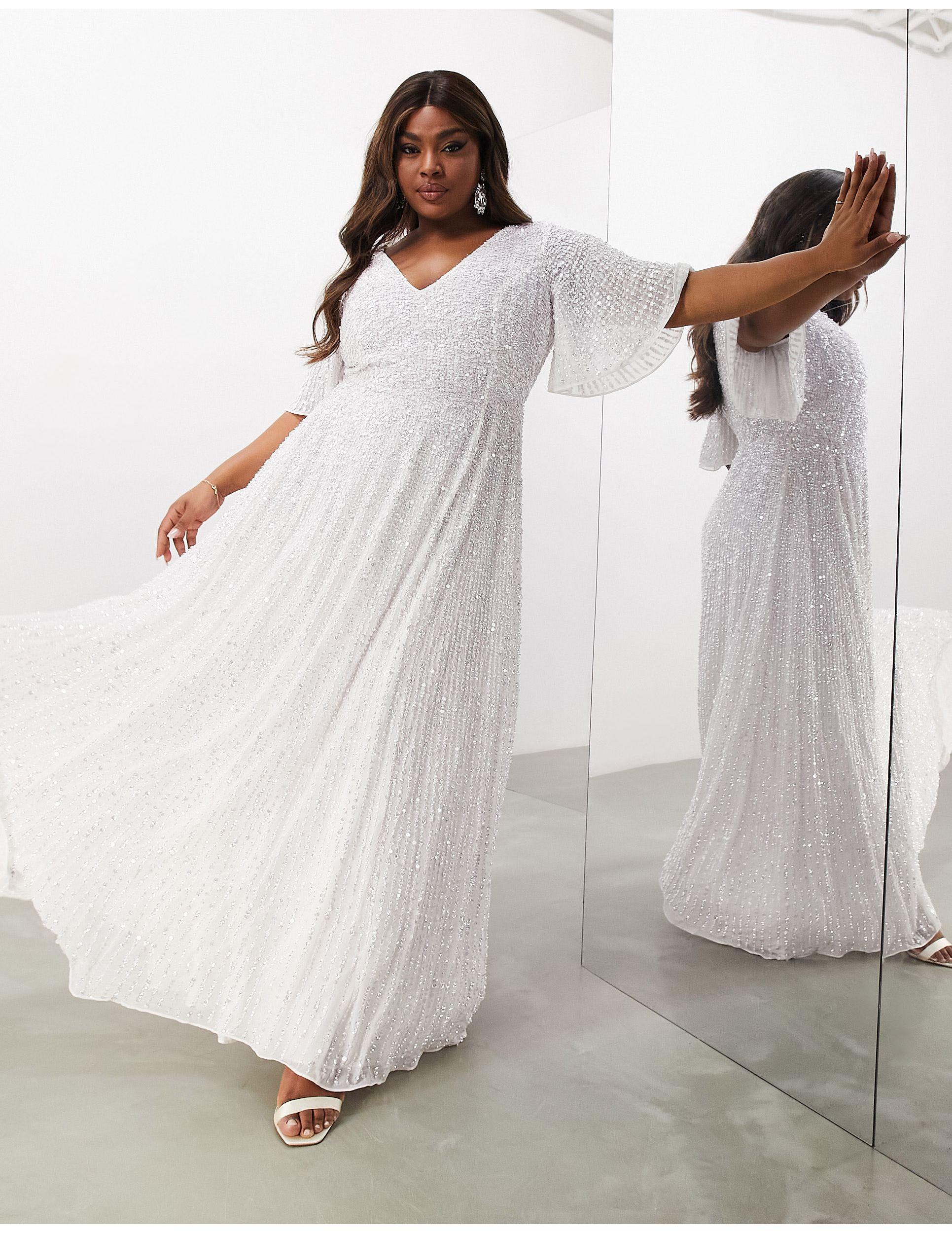 ASOS Curve – mit pailletten verziertes maxi-hochzeitskleid mit  flatterärmeln in Weiß | Lyst AT