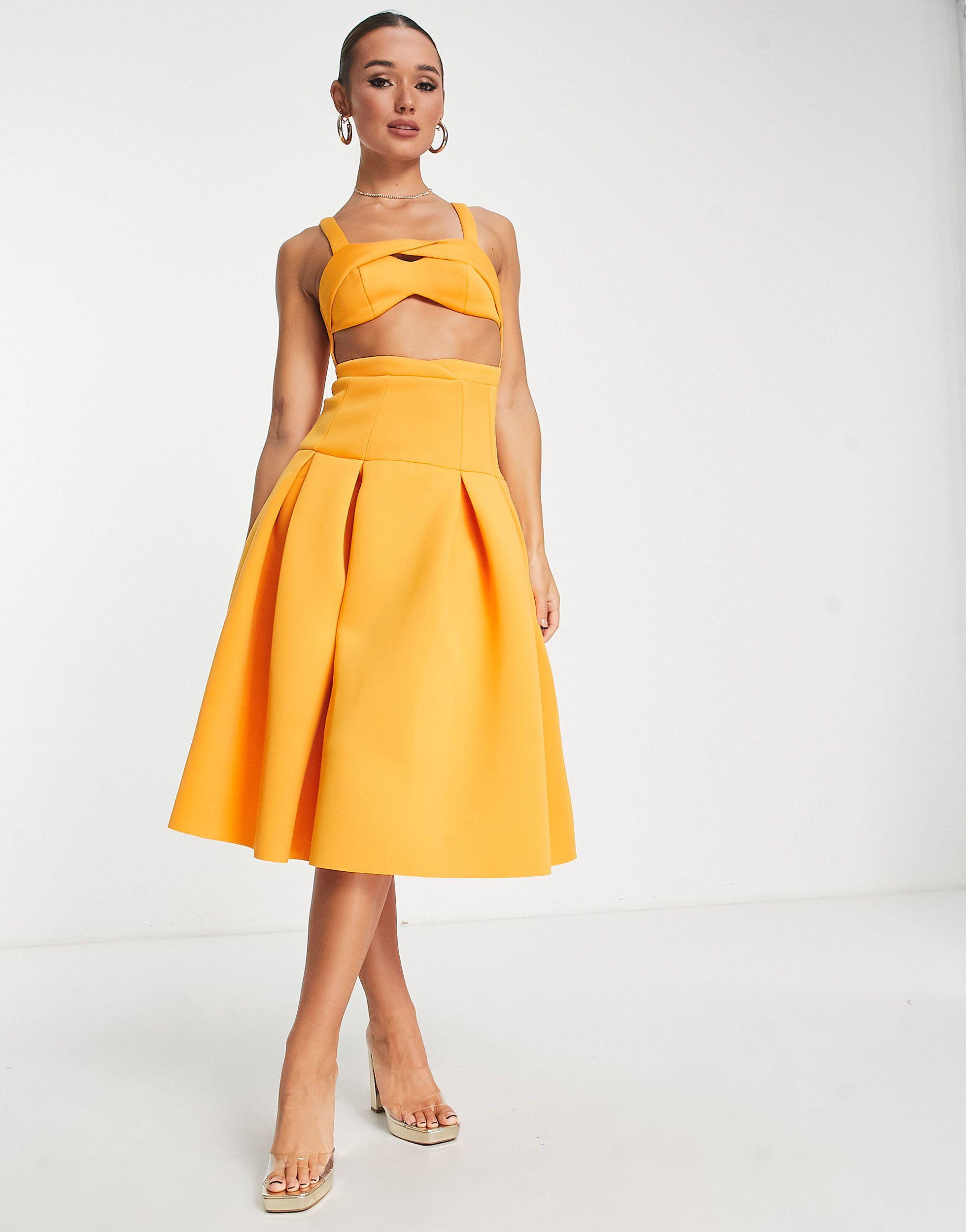 ASOS Two Piece Dropped Waist Pleat Midi Prom Dress in Yellow | Lyst