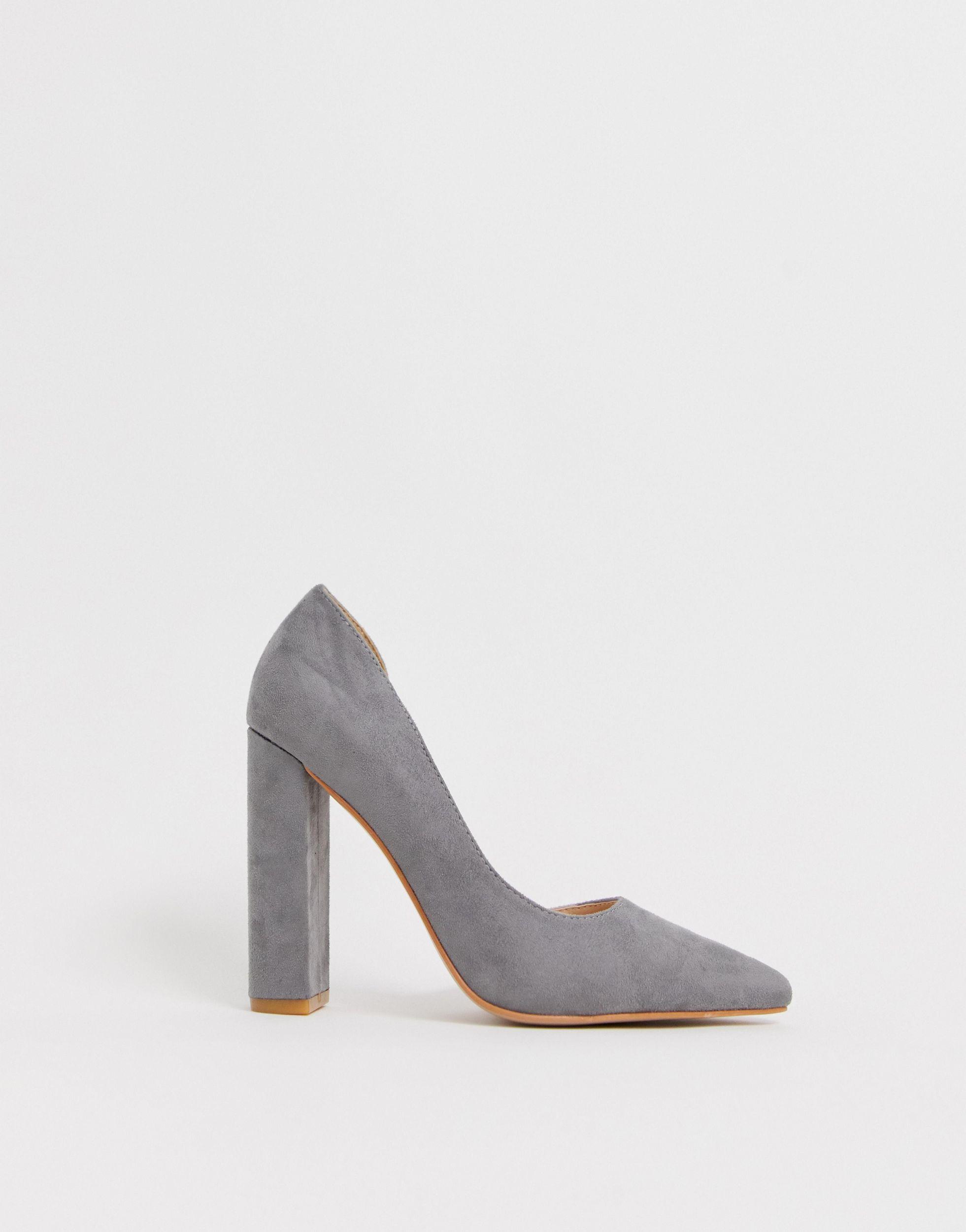 gray suede block heel