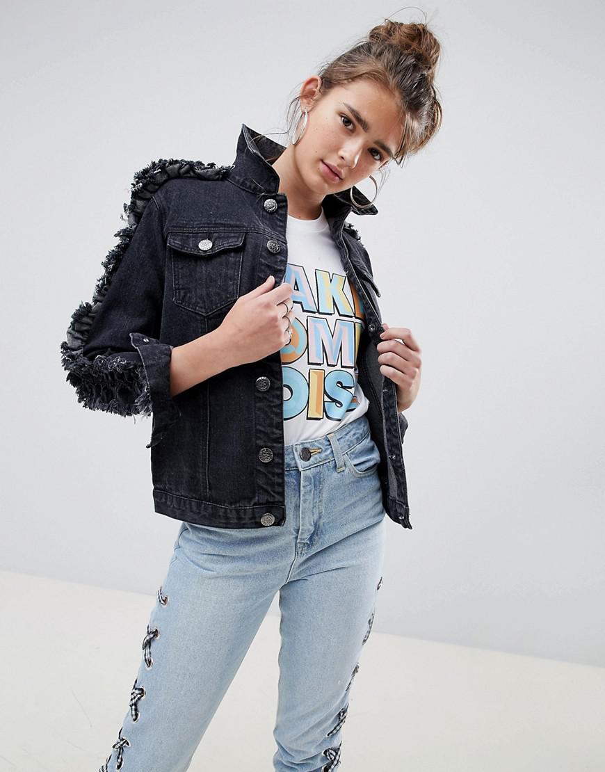 denim jacket with ruffle sleeves