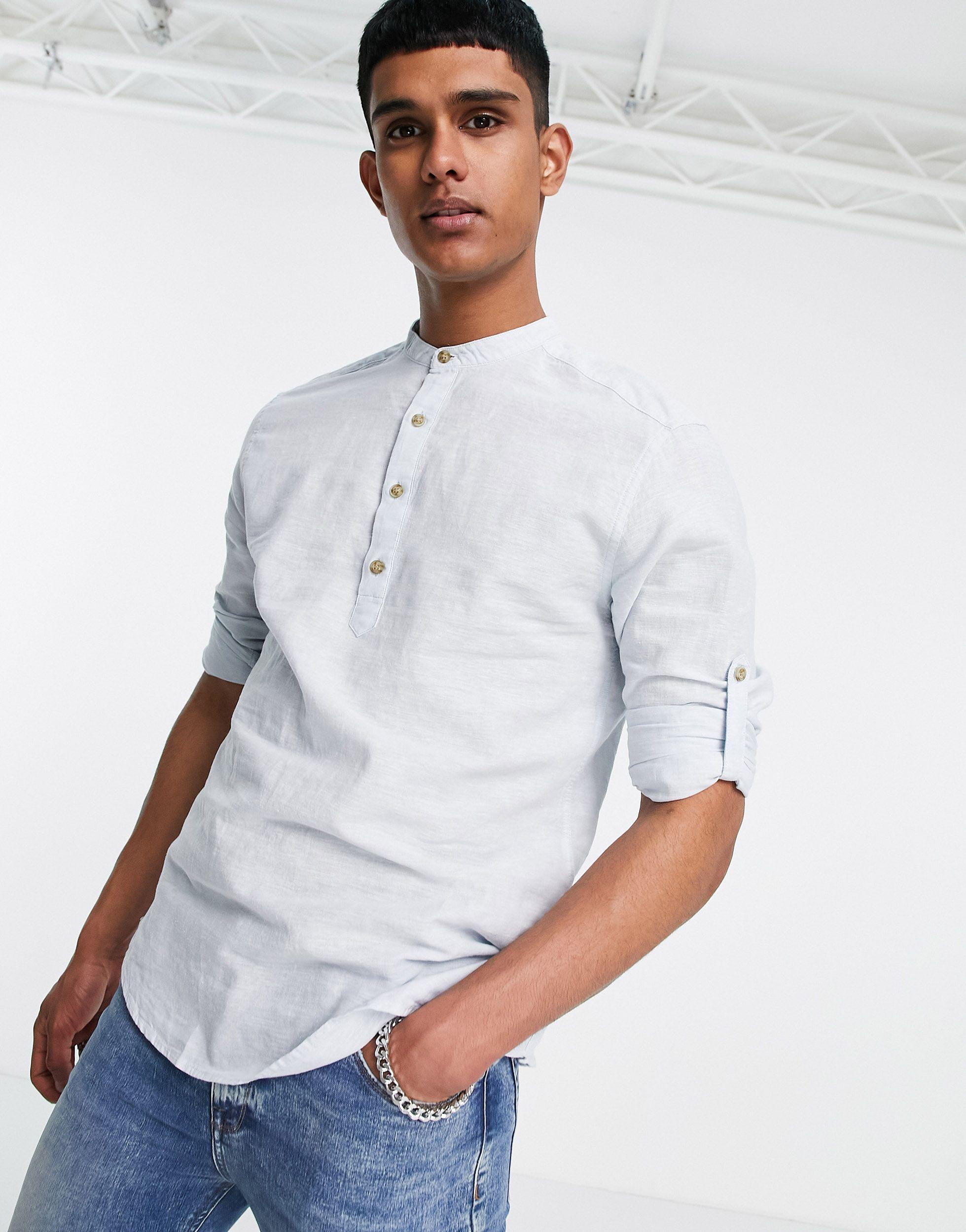 Only & Sons Grandad Collar Overhead Linen Mix Shirt in Blue for Men | Lyst  UK