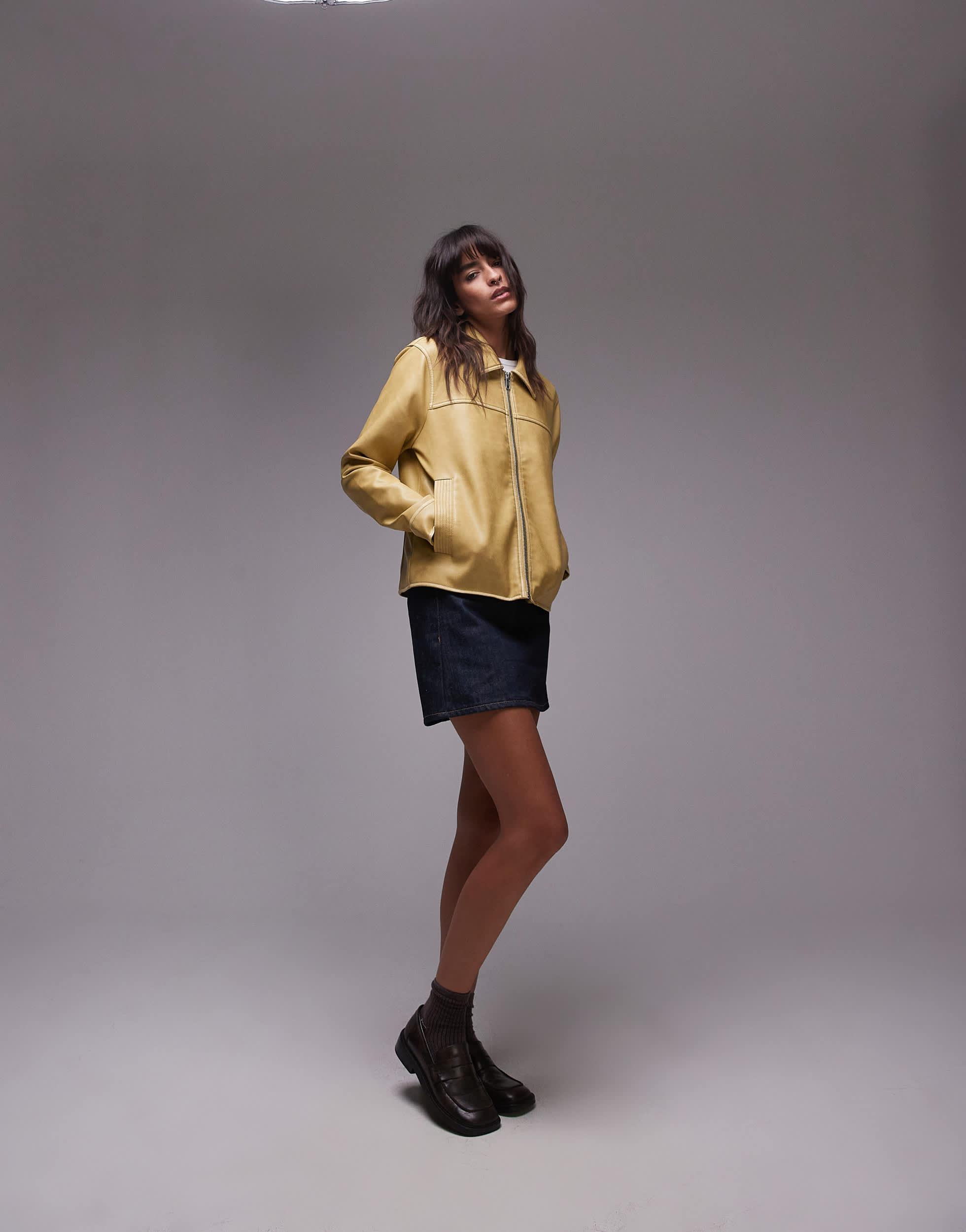 TOPSHOP Faux Leather Center Front Zip Jacket in Yellow Lyst