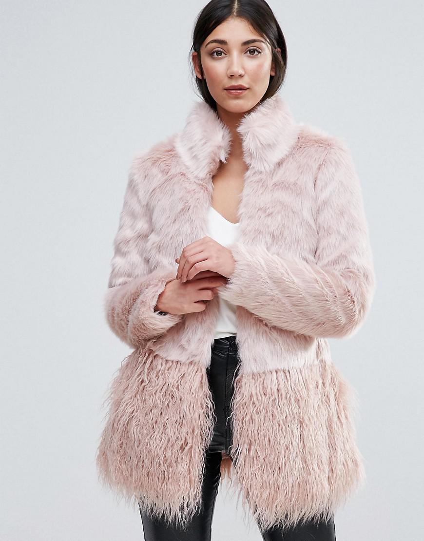 Lipsy Faux Fur Panelled Coat in Pink - Lyst