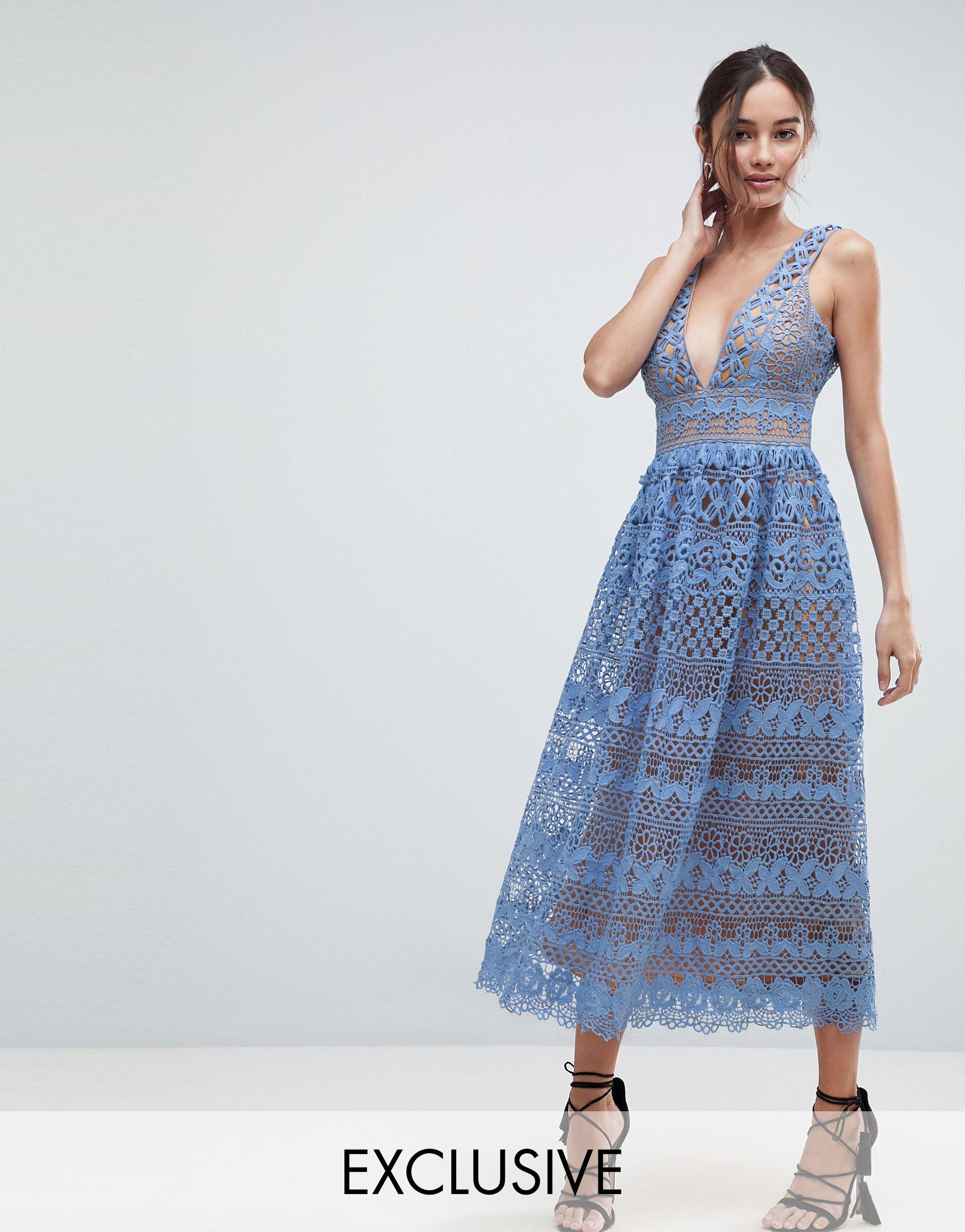 Boohoo Exclusive Lace Midi Dress in Blue - Lyst