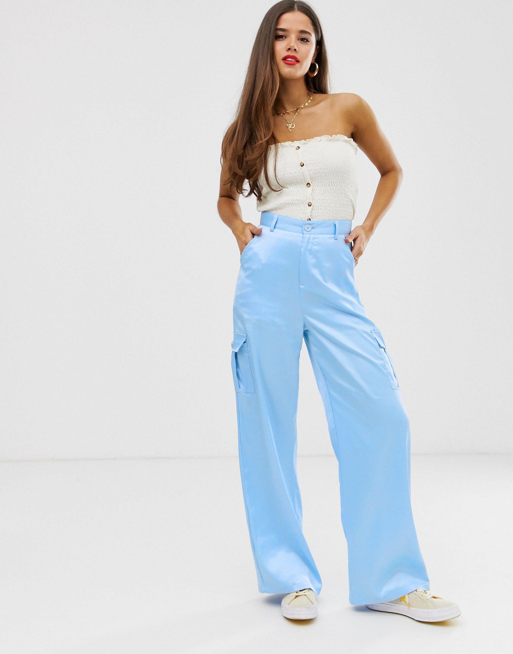 Daisy Street Satin Cargo Trousers in Blue | Lyst