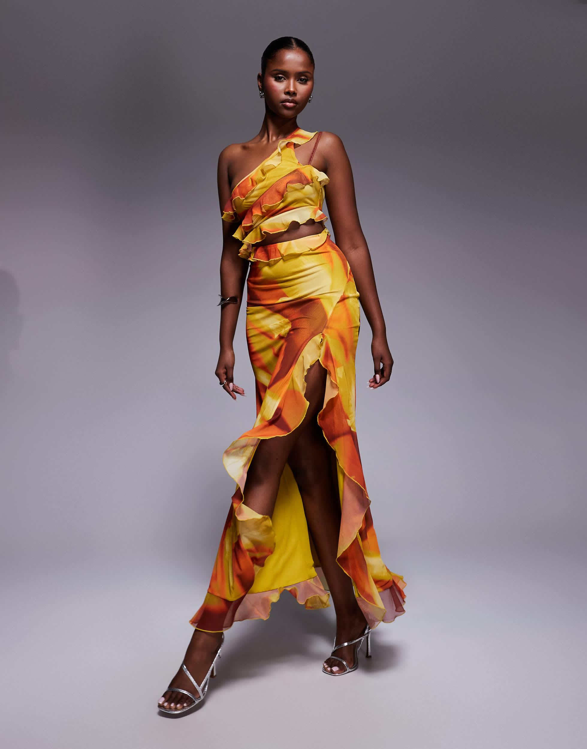 open lace back dress Asos Design Satin One Shoulder Maxi Dress With Cut Out Elastic Band Detail  In Sunset Orange main image 1