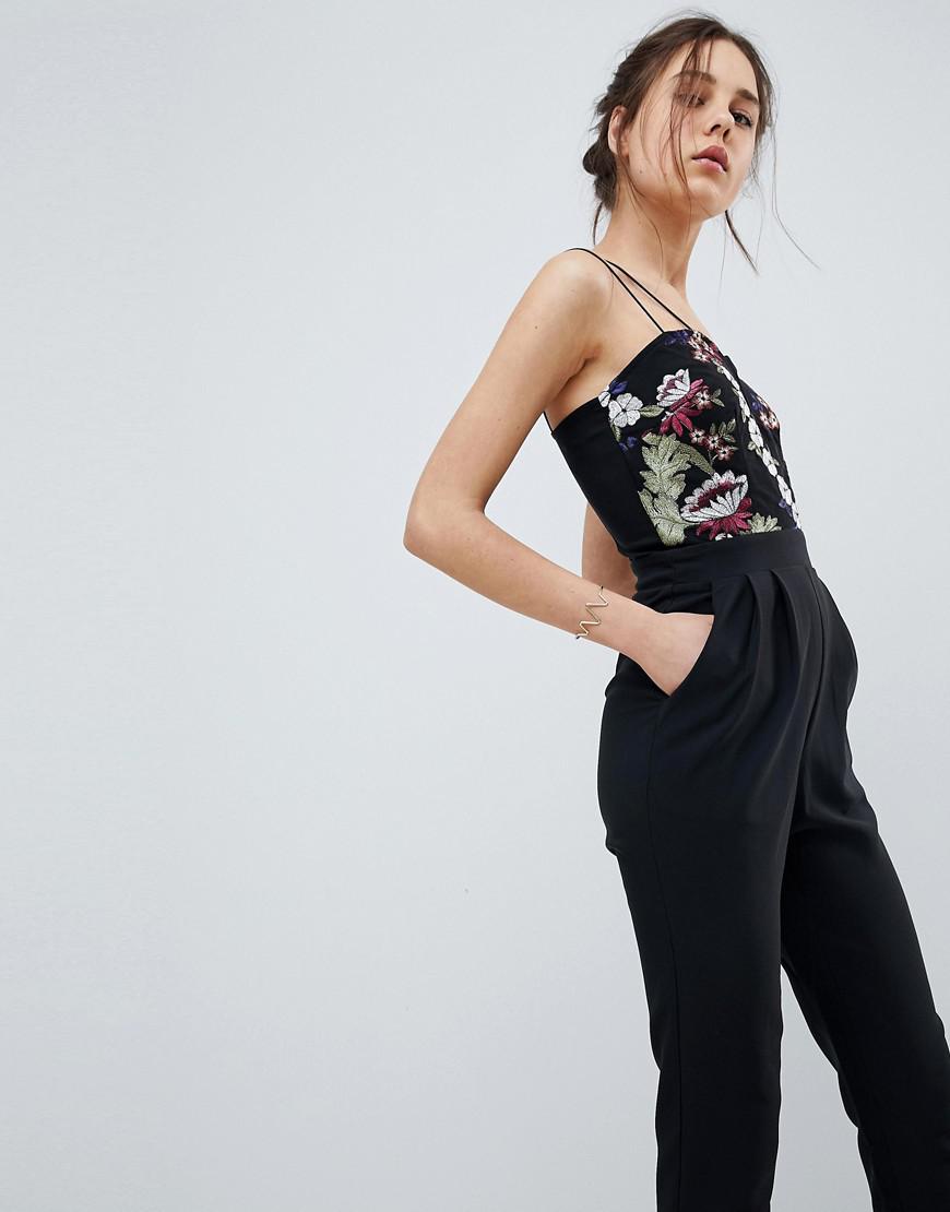 Girls On Film Jumpsuit With Floral Embroidered Top In Black Lyst