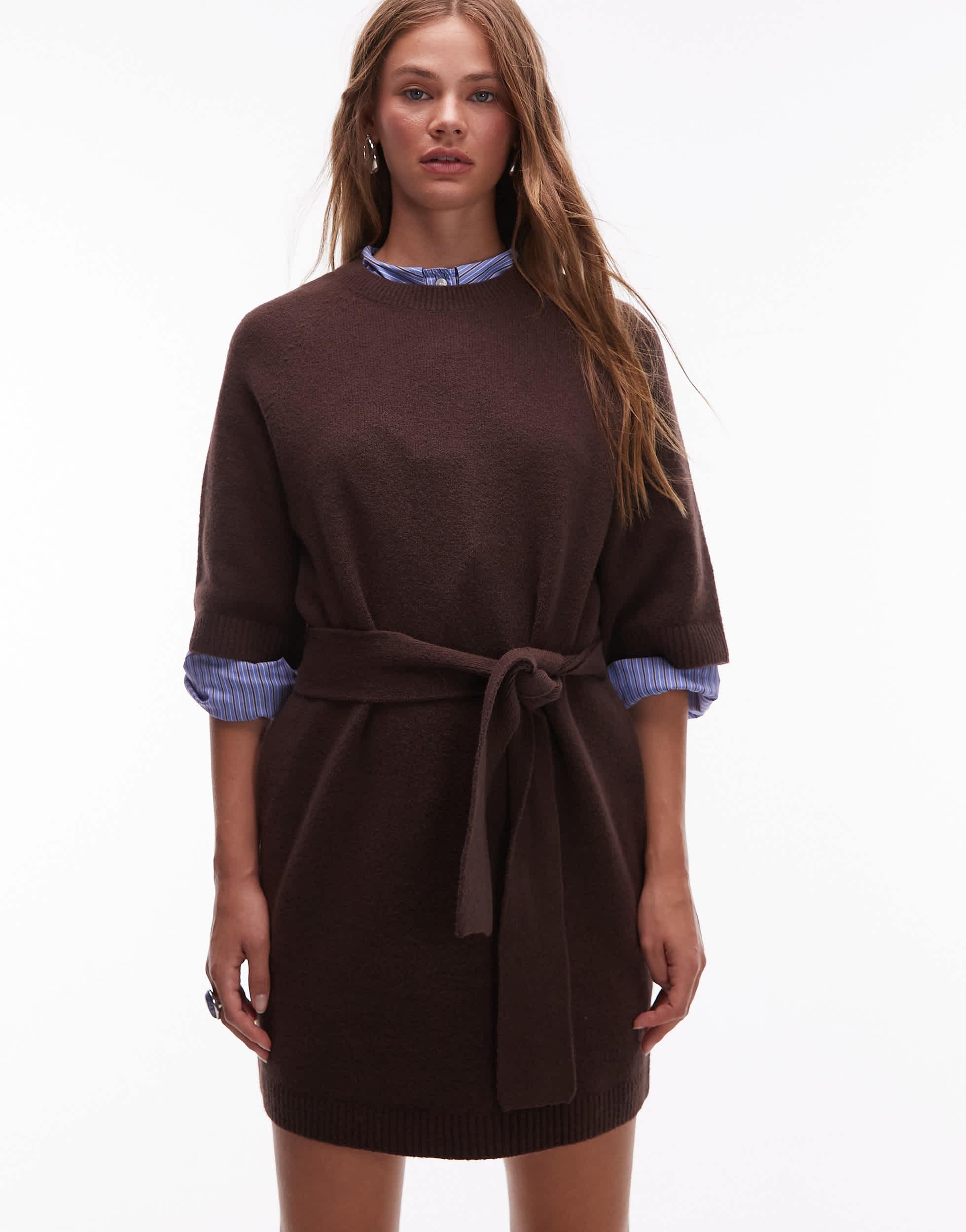 & Other Stories Knitted Belted Mini Dress With Wide Sleeves in Brown | Lyst