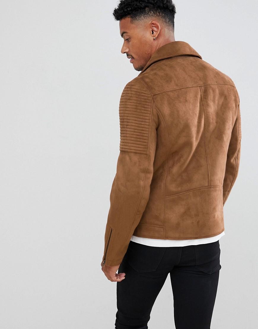 ASOS Faux Suede Biker Jacket in Brown for Men | Lyst